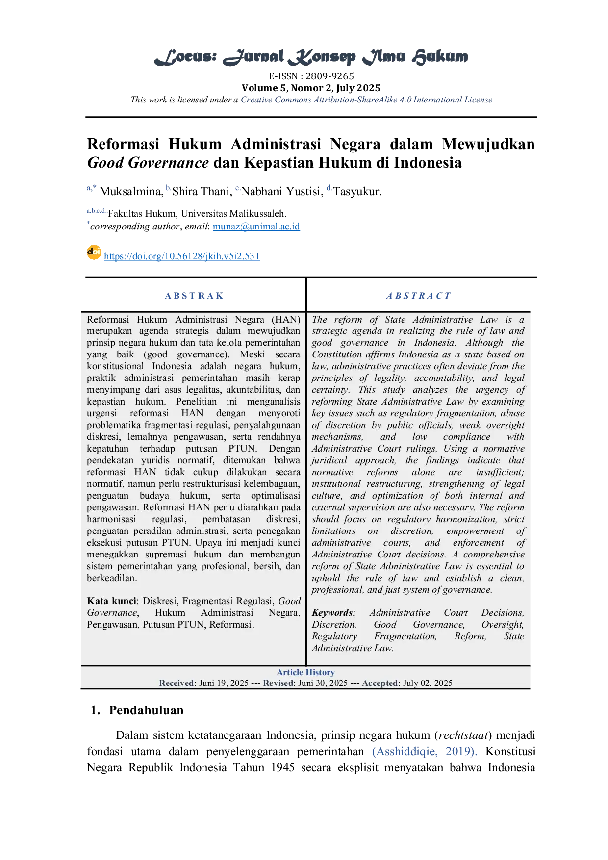 JURIS Reformasi Hukum Administrasi Negara dalam Mewujudkan Good Governance dan Kepastian Hukum di Indonesia