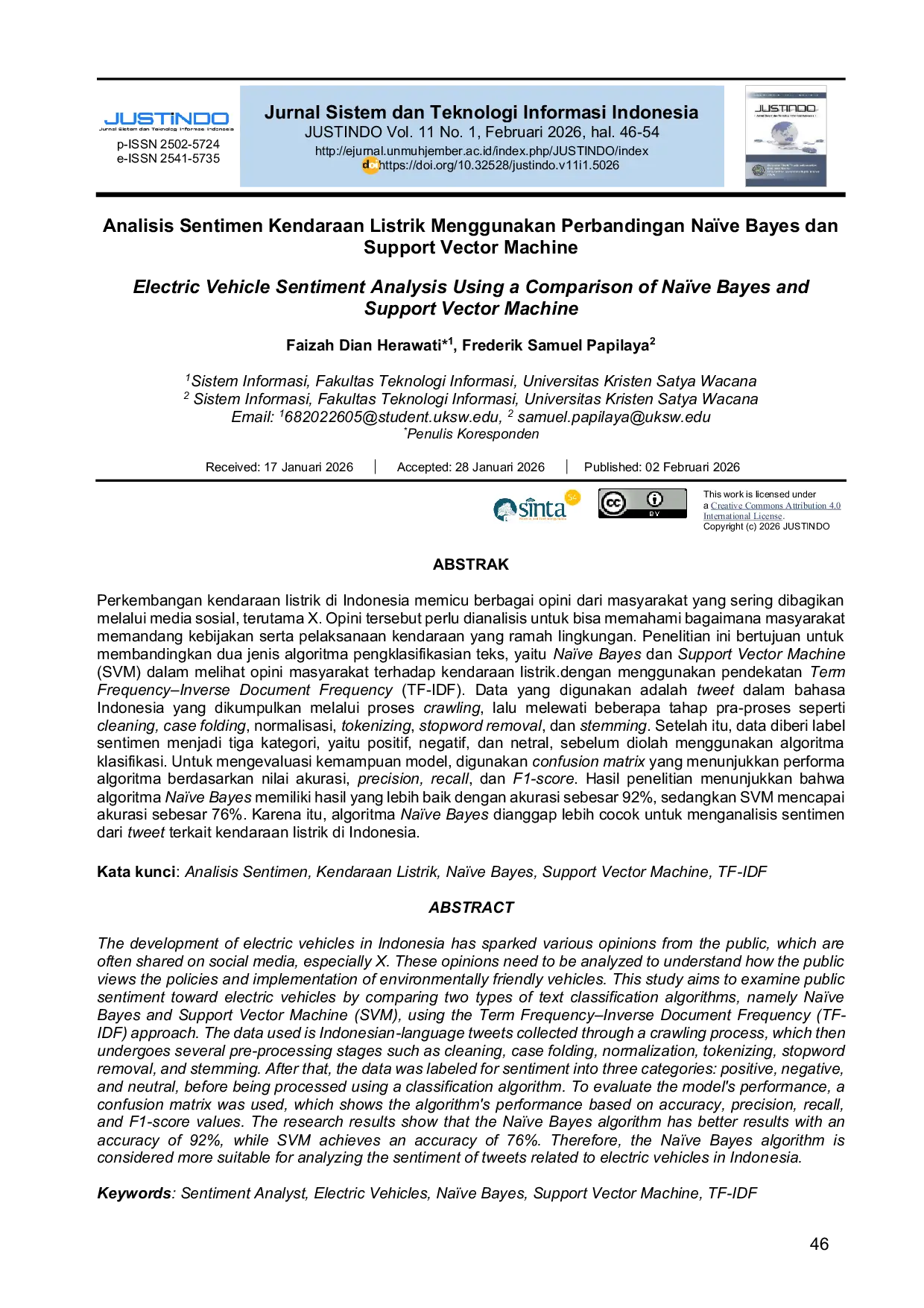 JURIS Electric Vehicle Sentiment Analysis Using a Comparison of Na ve Bayes and Support Vector Machine