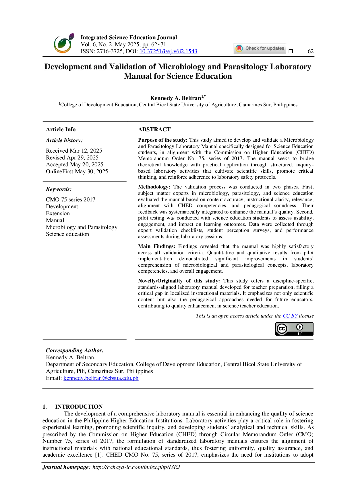 JURIS Development and Validation of Microbiology and Parasitology Laboratory Manual for Science Education