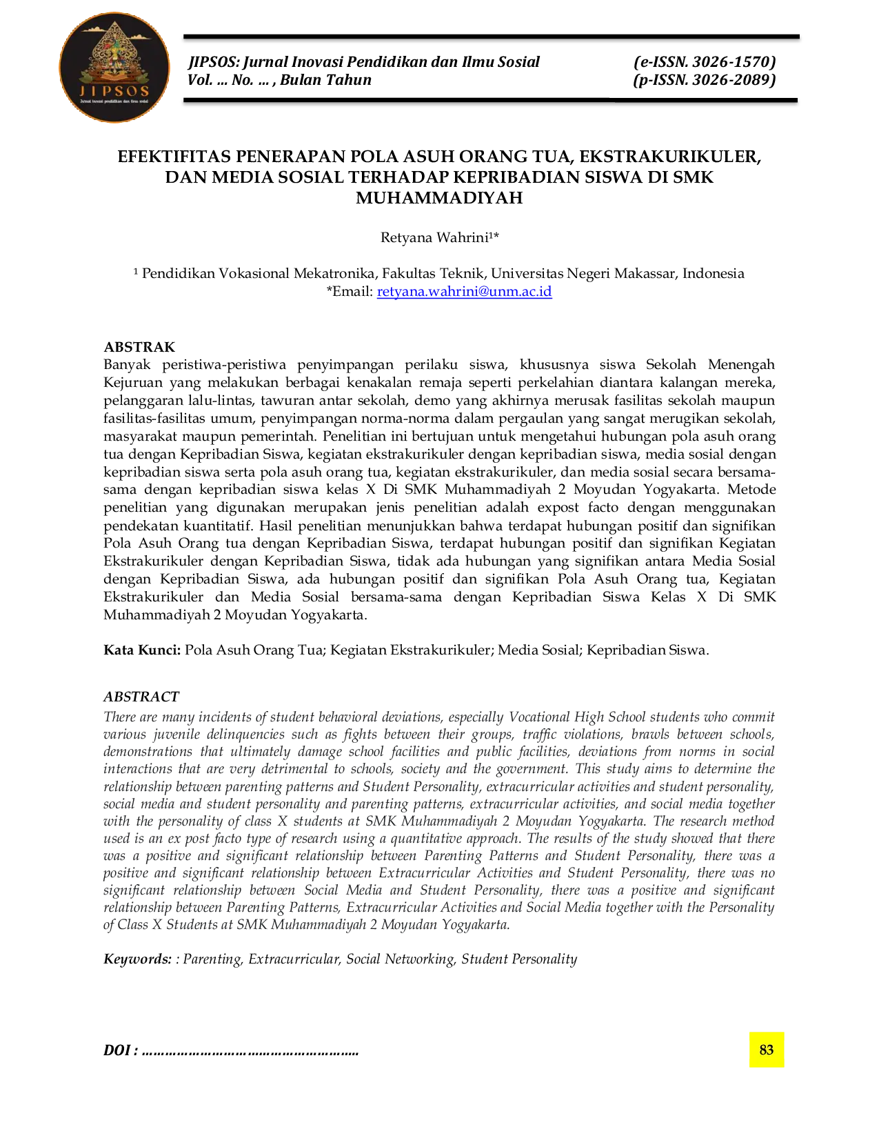 JURIS Efektifitas Penerapan Pola Asuh Orang Tua Ekstrakurikuler Dan Media Sosial Terhadap Kepribadian Siswa Di SMK Muhammadiyah