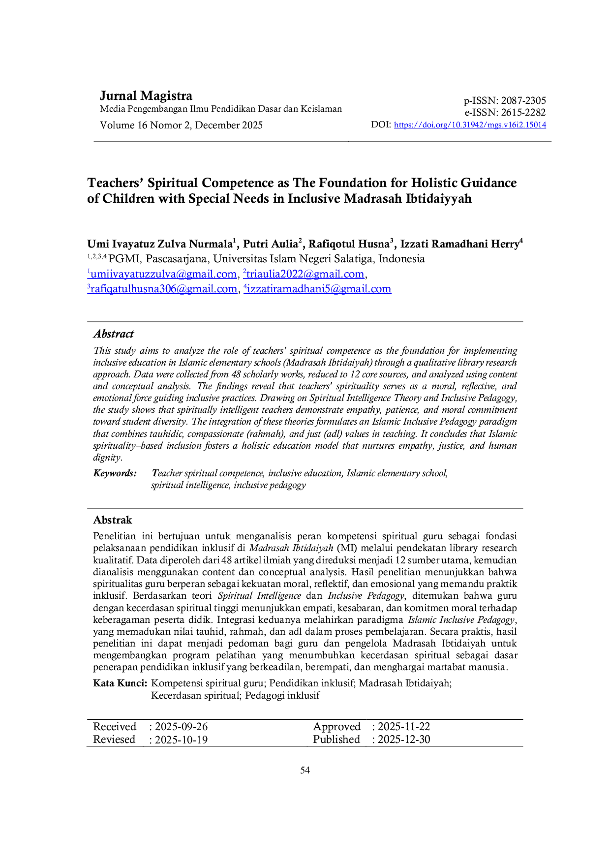 JURIS Teachers Spiritual Competence as The Foundation for Holistic Guidance of Children with Special Needs in Inclusive Madrasah Ibtidaiyyah