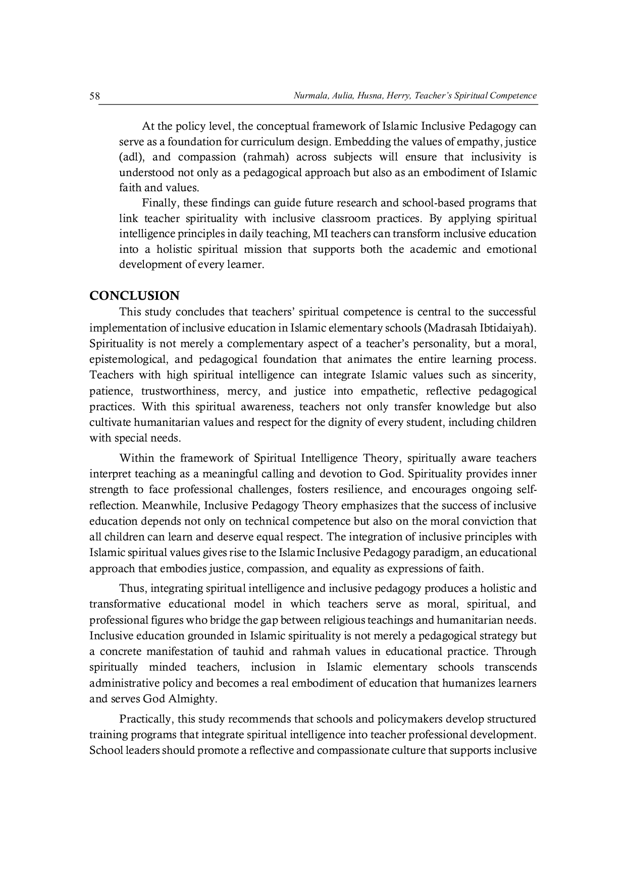 JURIS Teachers Spiritual Competence as The Foundation for Holistic Guidance of Children with Special Needs in Inclusive Madrasah Ibtidaiyyah