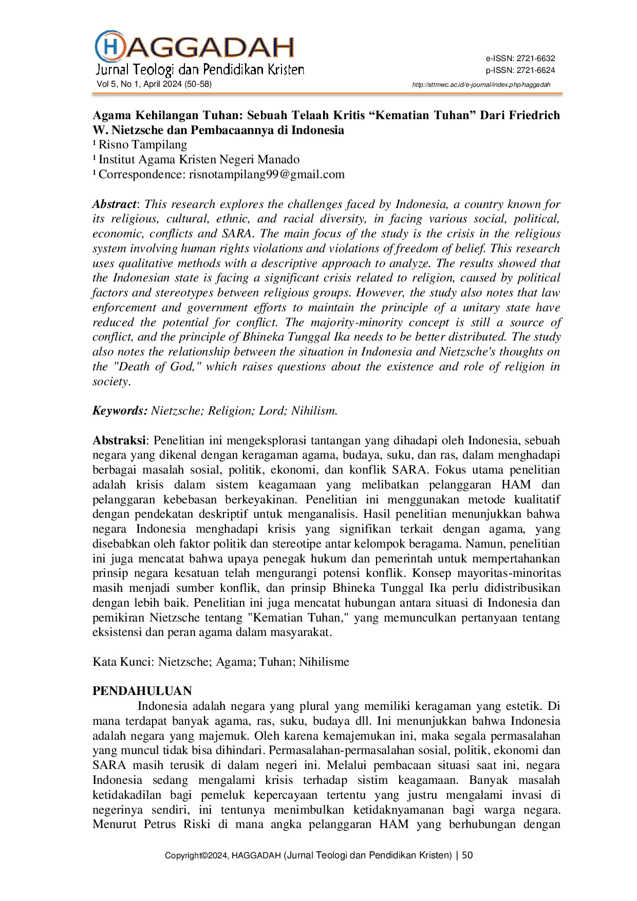 JURIS Agama Kehilangan Tuhan Sebuah Telaah Kritis Kematian Tuhan Dari Friedrich W Nietzsche dan Pembacaannya di Indonesia