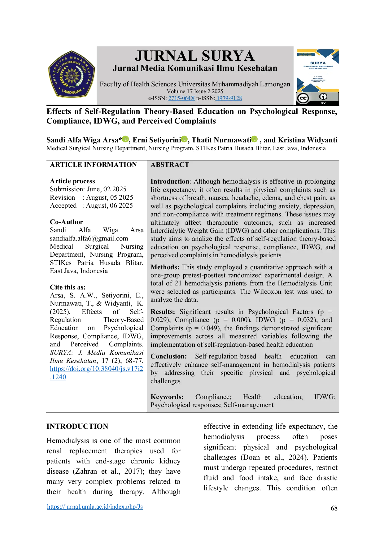 JURIS Effects of Self Regulation Theory Based Education on Psychological Response Compliance IDWG and Perceived Complaints