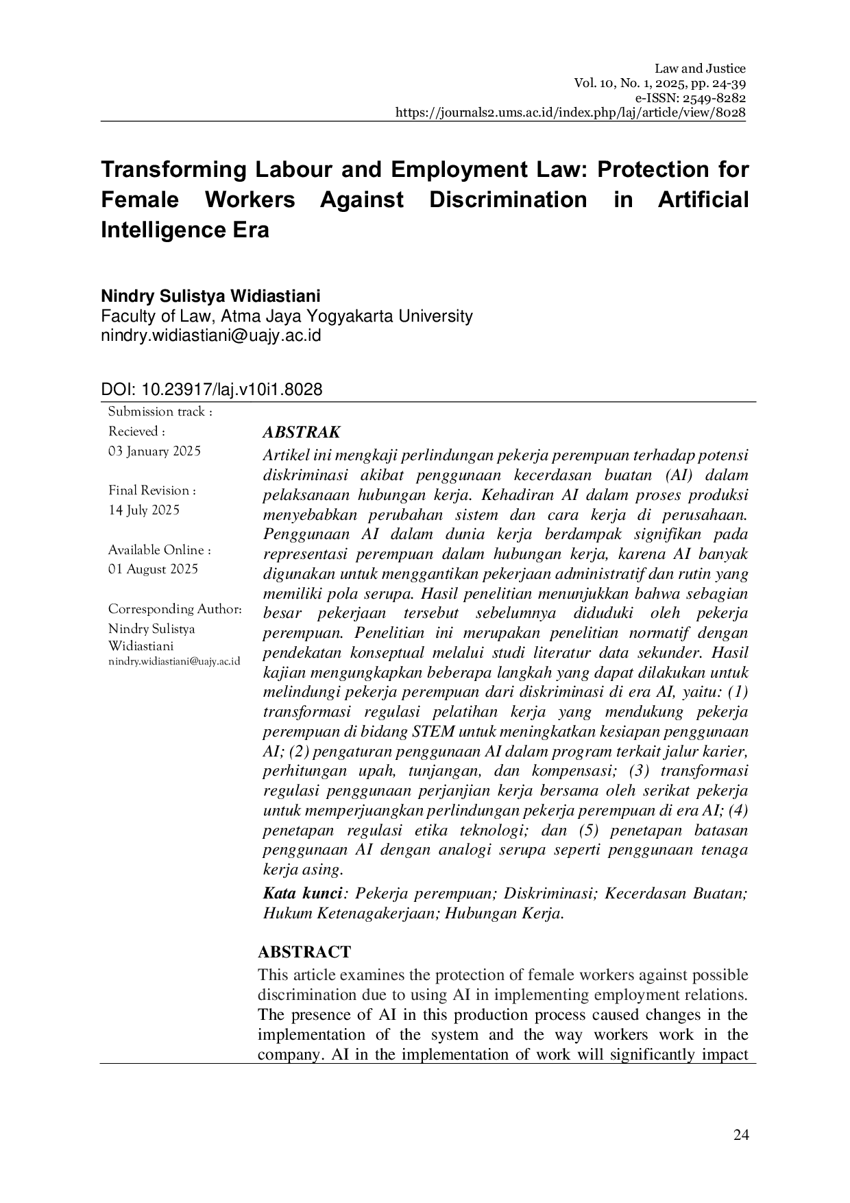 JURIS Transforming Labour and Employment Law Protection for Female Workers Against Discrimination In Artificial Intelligence Era