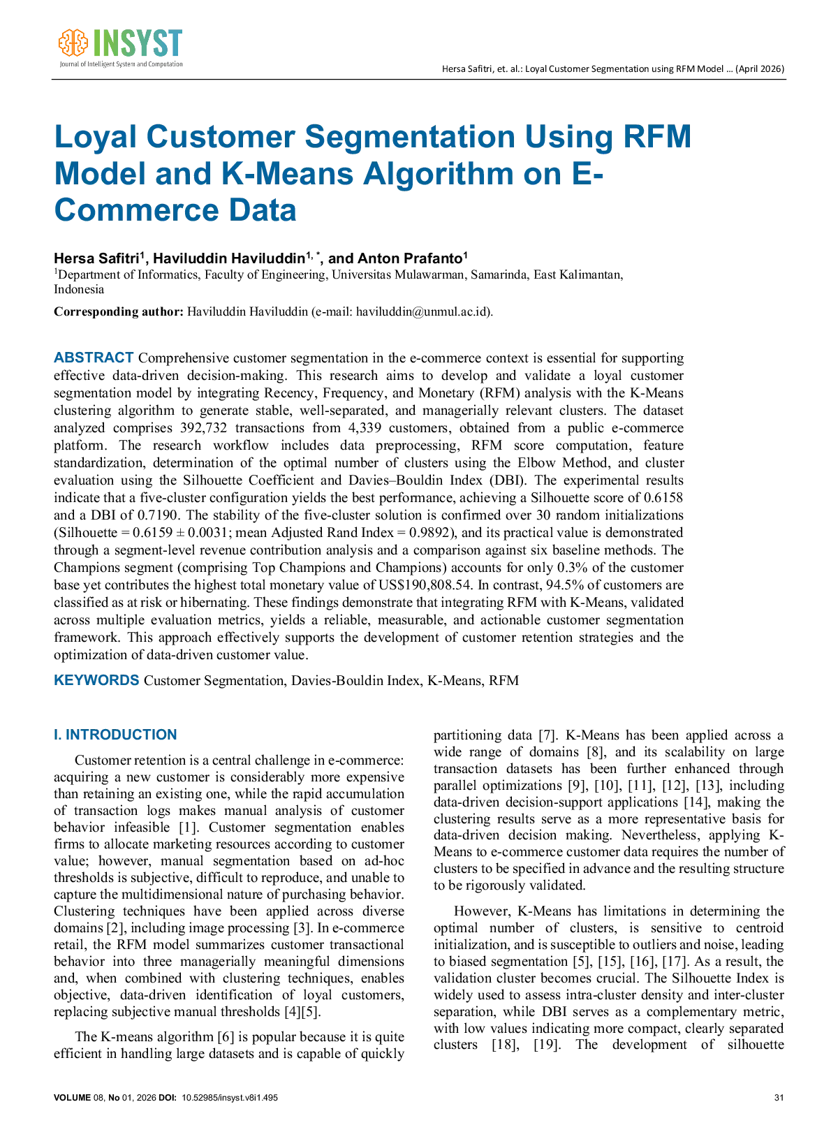 JURIS Loyal Customer Segmentation Using RFM Model and K Means Algorithm on E Commerce Data