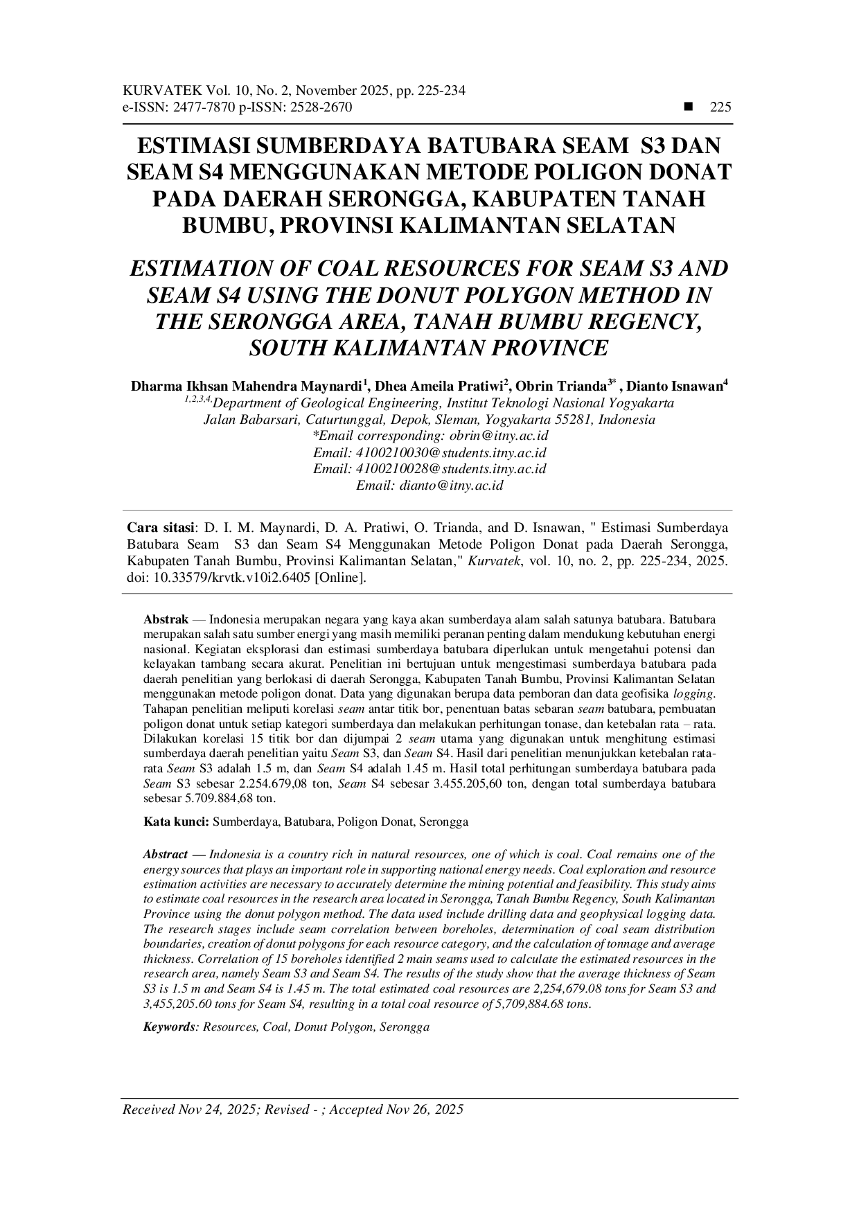 JURIS Estimasi Sumberdaya Batubara Seam S3 dan Seam S4 Menggunakan Metode Poligon Donat pada Daerah Serongga Kabupaten Tanah Bumbu Provinsi Kalimantan Selatan