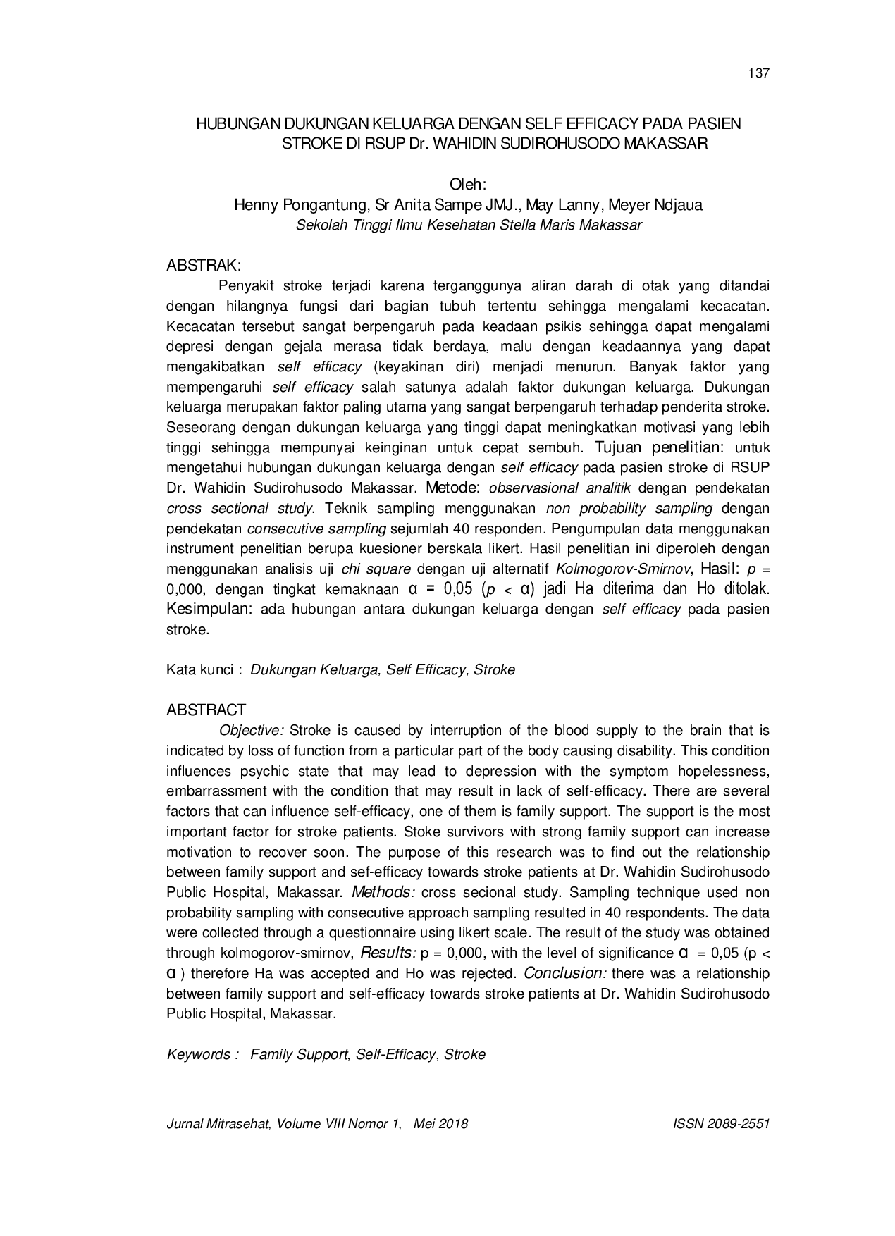 JURIS HUBUNGAN DUKUNGAN KELUARGA DENGAN SELF EFFICACY PADA PASIEN STROKE DI RSUP Dr WAHIDIN SUDIROHUSODO MAKASSAR