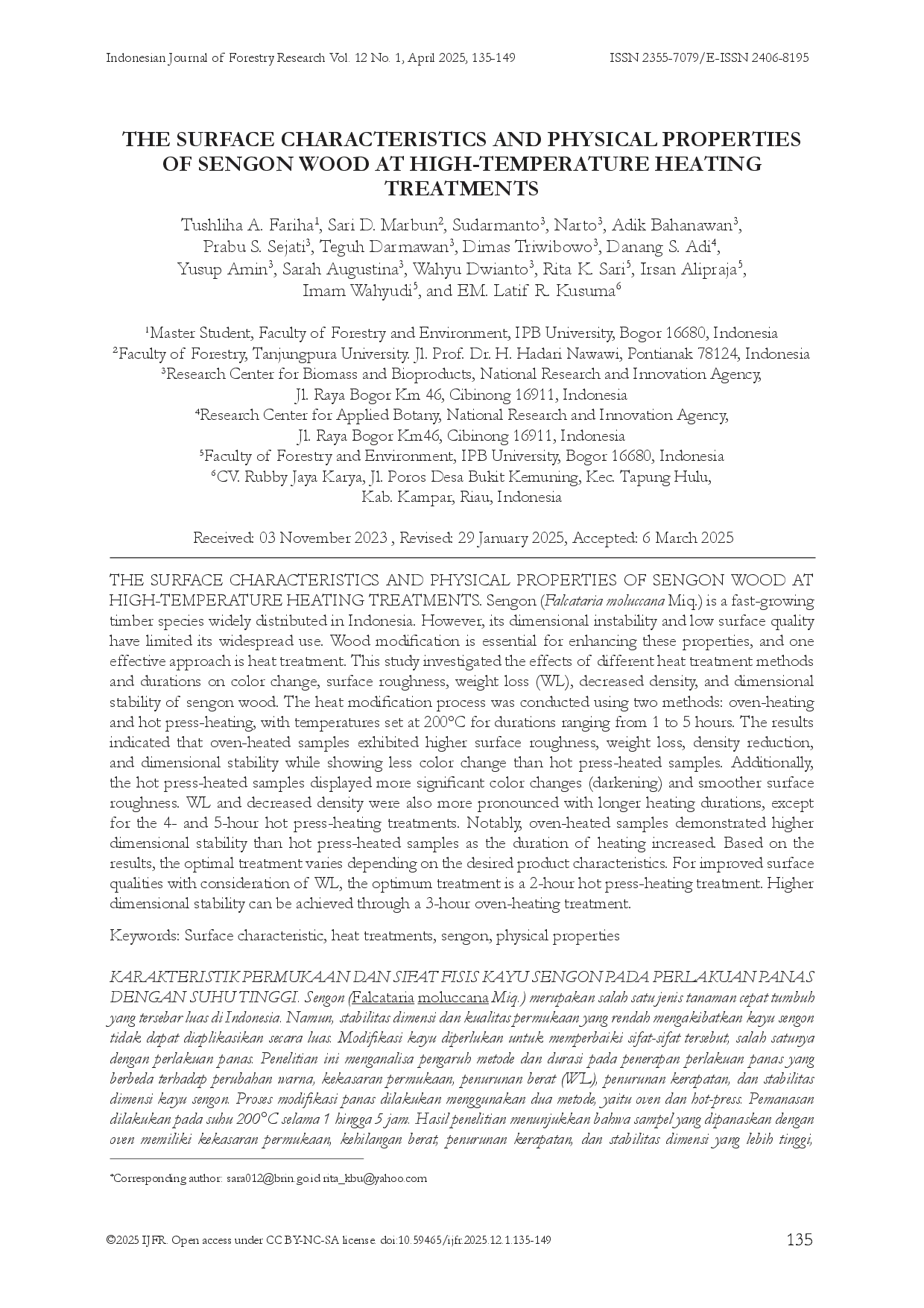 juris The Surface Characteristics And Physical Properties Of Sengon Wood At High Temperature Heating Treatments