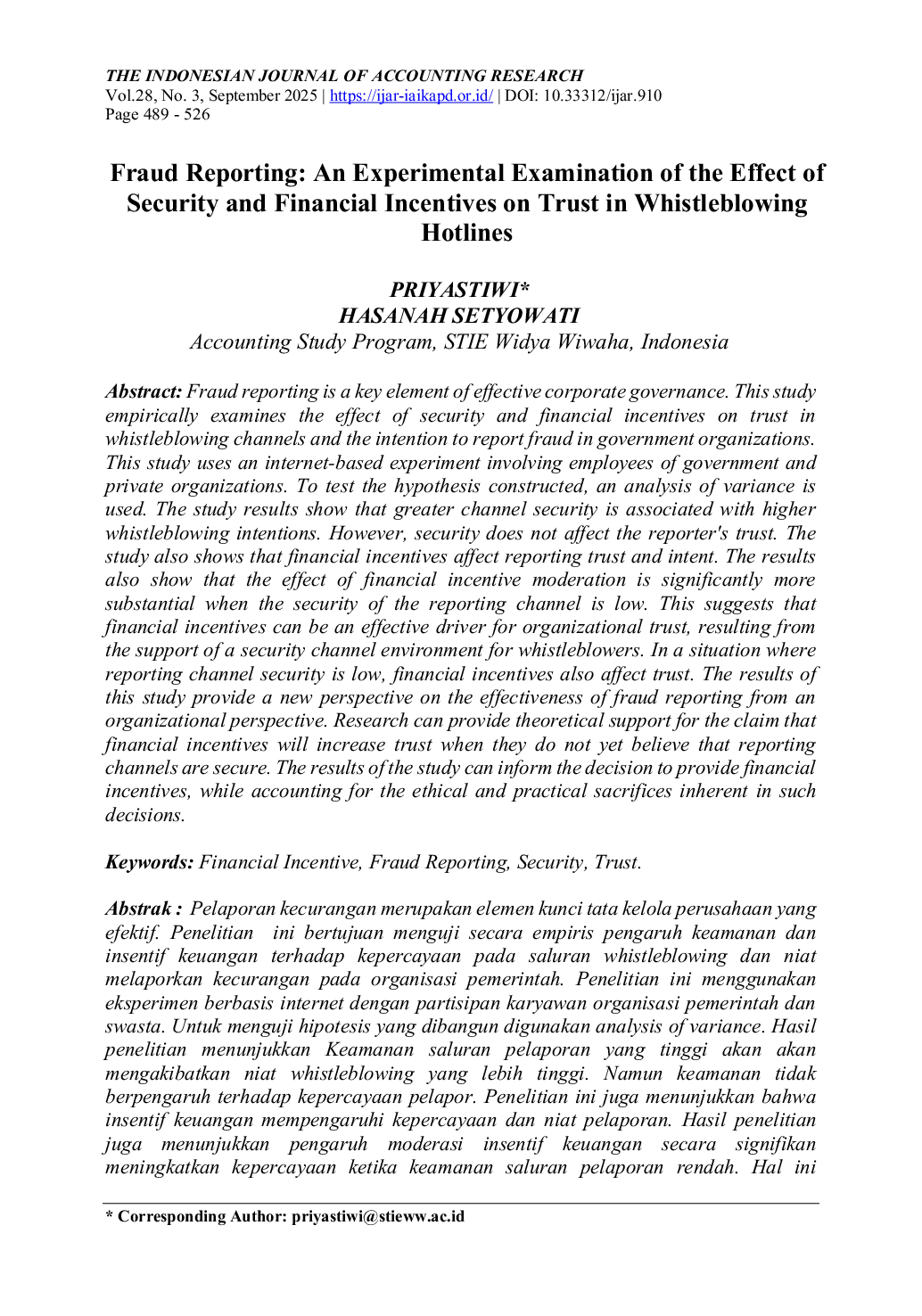 JURIS Fraud Reporting An Experimental Examination of the Effect of Security and Financial Incentives on Trust in Whistleblowing Hotlines