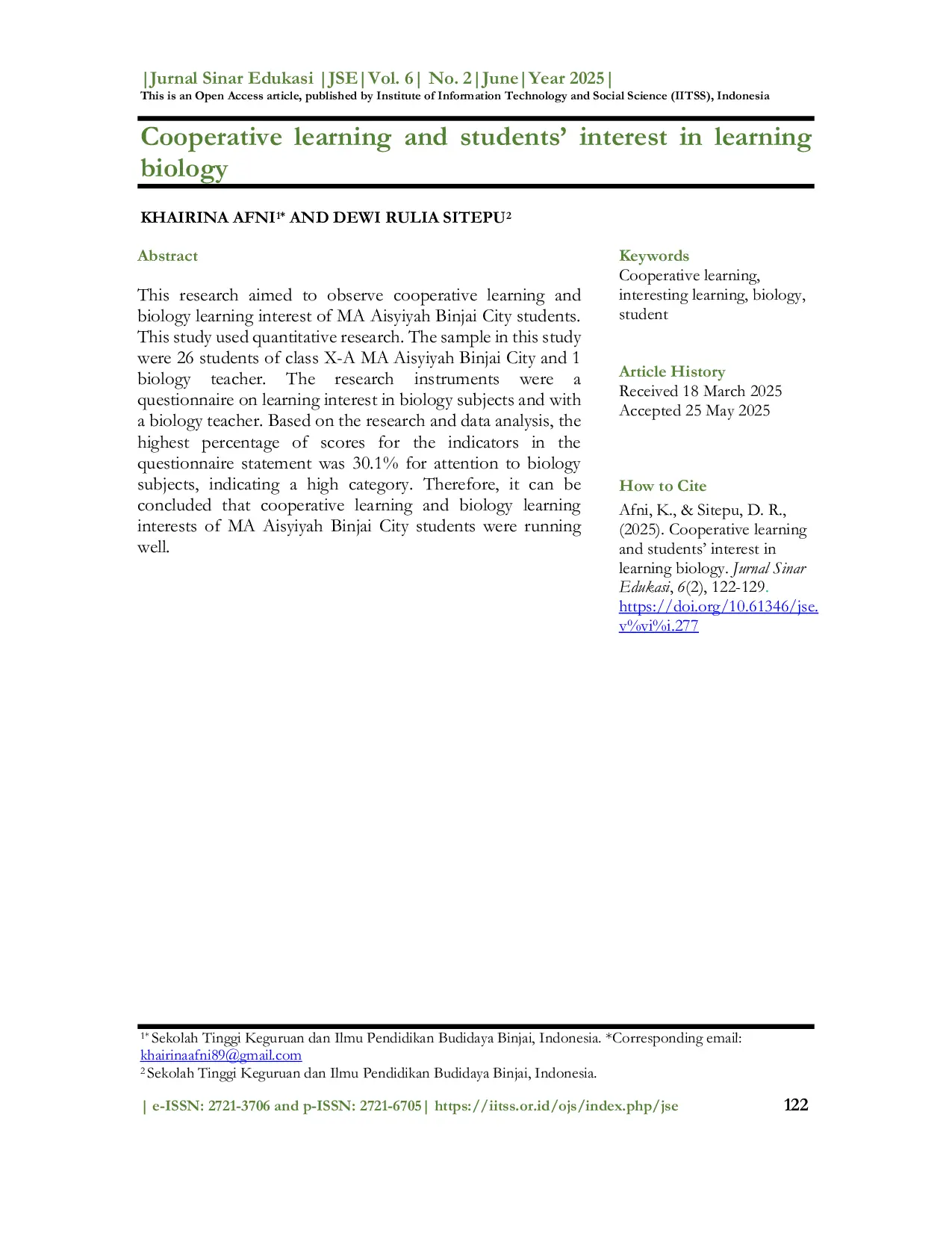 JURIS Cooperative learning and students interest in learning biology