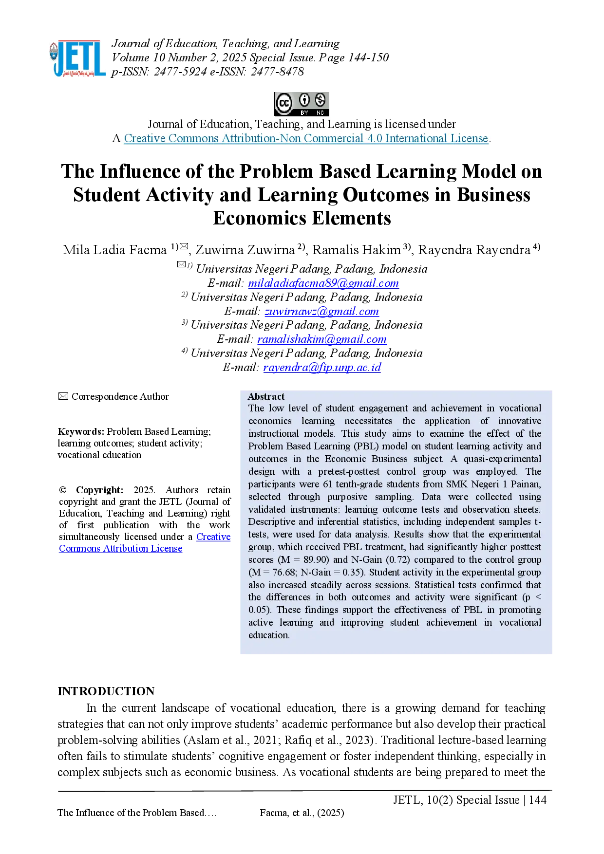 juris The Influence of the Problem Based Learning Model on Student Activity and Learning Outcomes in Business Economics Elements
