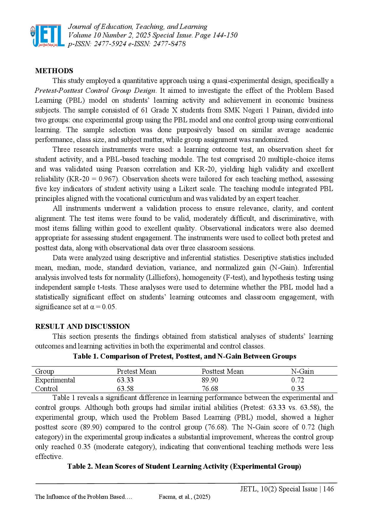 juris The Influence of the Problem Based Learning Model on Student Activity and Learning Outcomes in Business Economics Elements