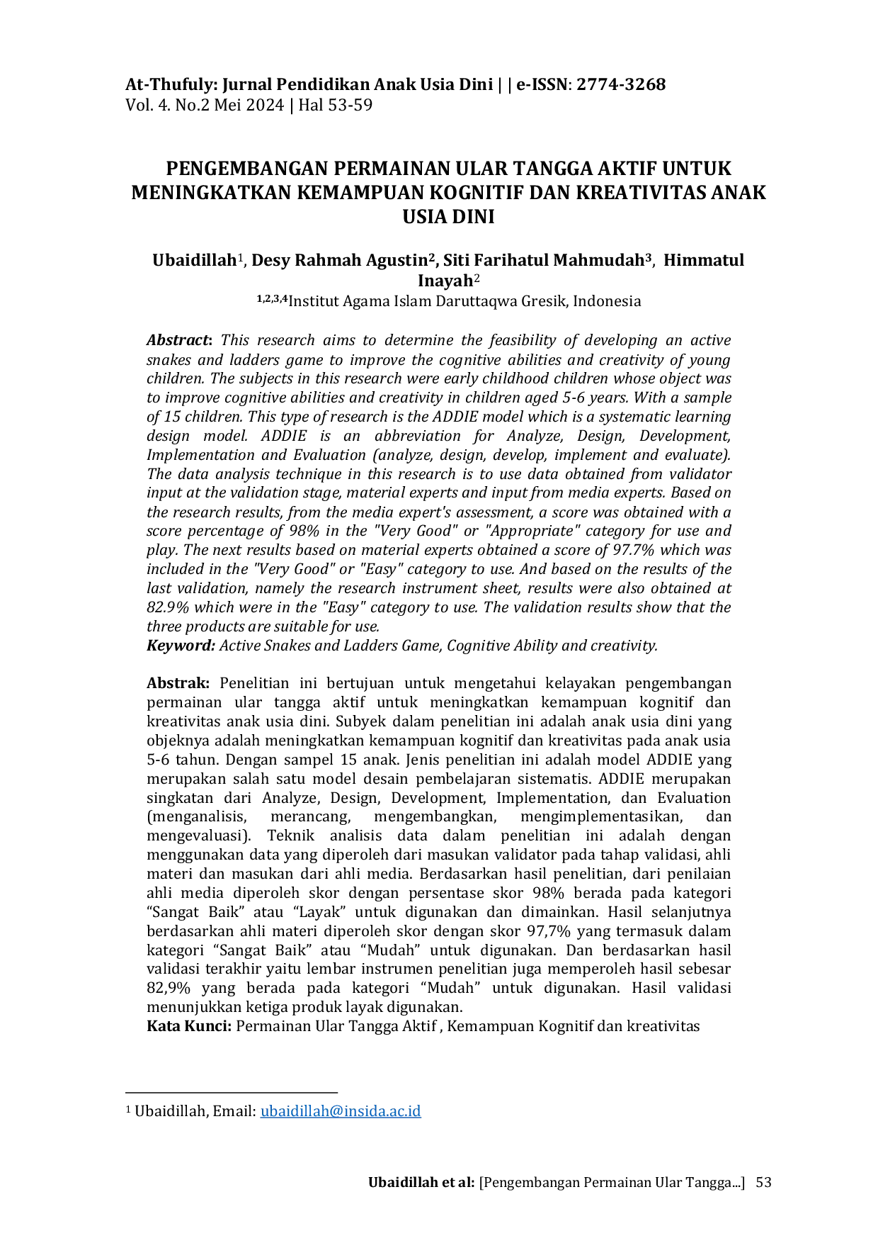 JURIS Pengembangan Permainan Ular Tangga Aktif Untuk Meningkatkan Kemampuan Kognitif Dan Kreativitas Anak Usia Dini