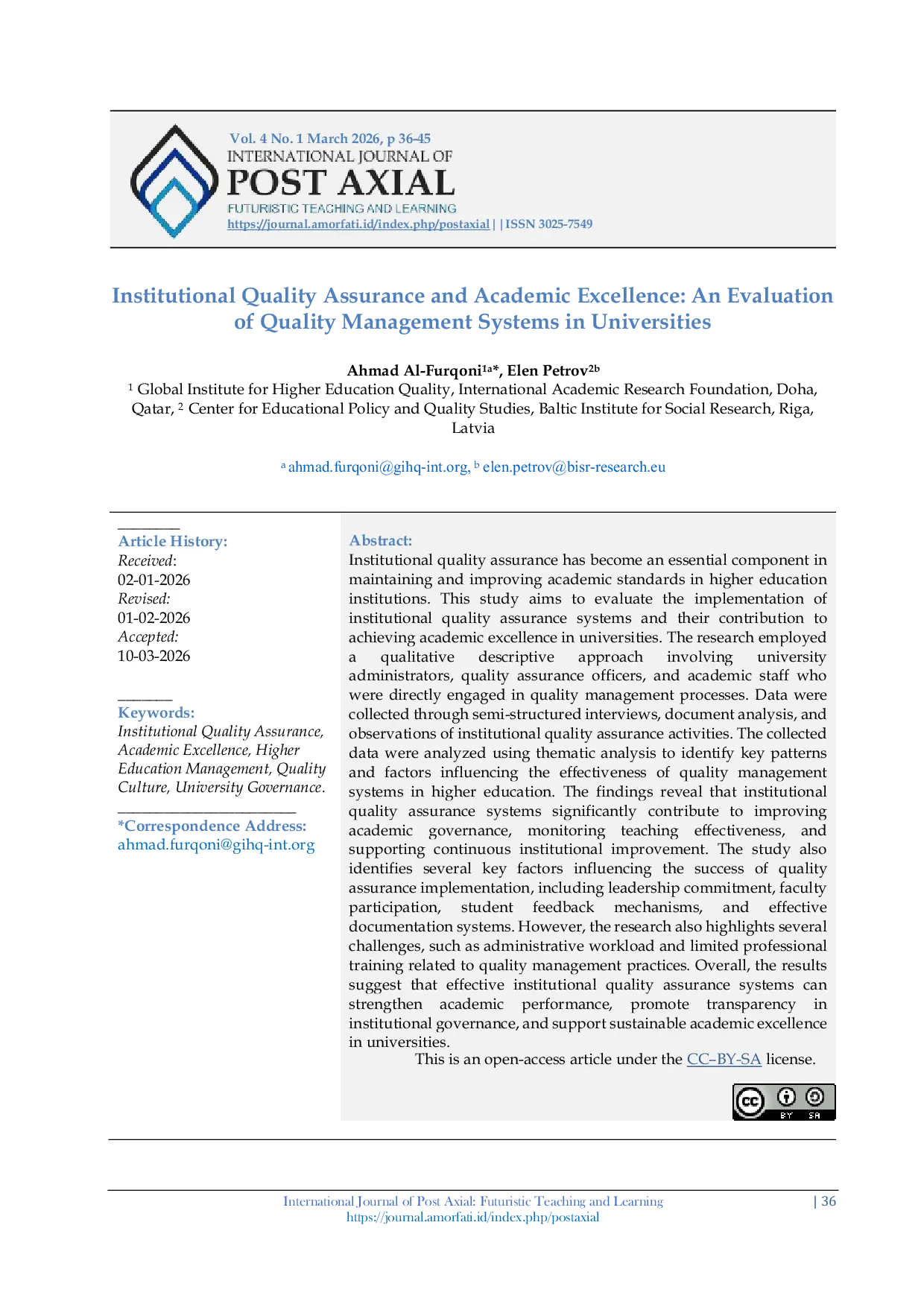 JURIS Institutional Quality Assurance and Academic Excellence An Evaluation of Quality Management Systems in Universities