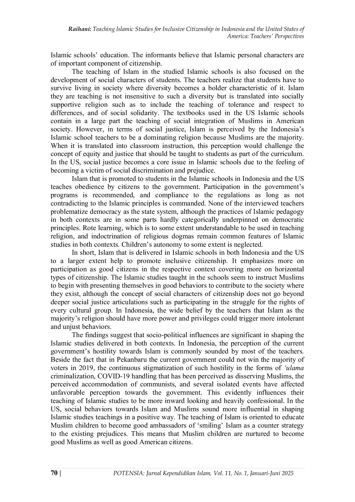 JURIS Teaching Islamic Studies for Inclusive Citizenship in Indonesia and the United States of America Teachers Perspectives
