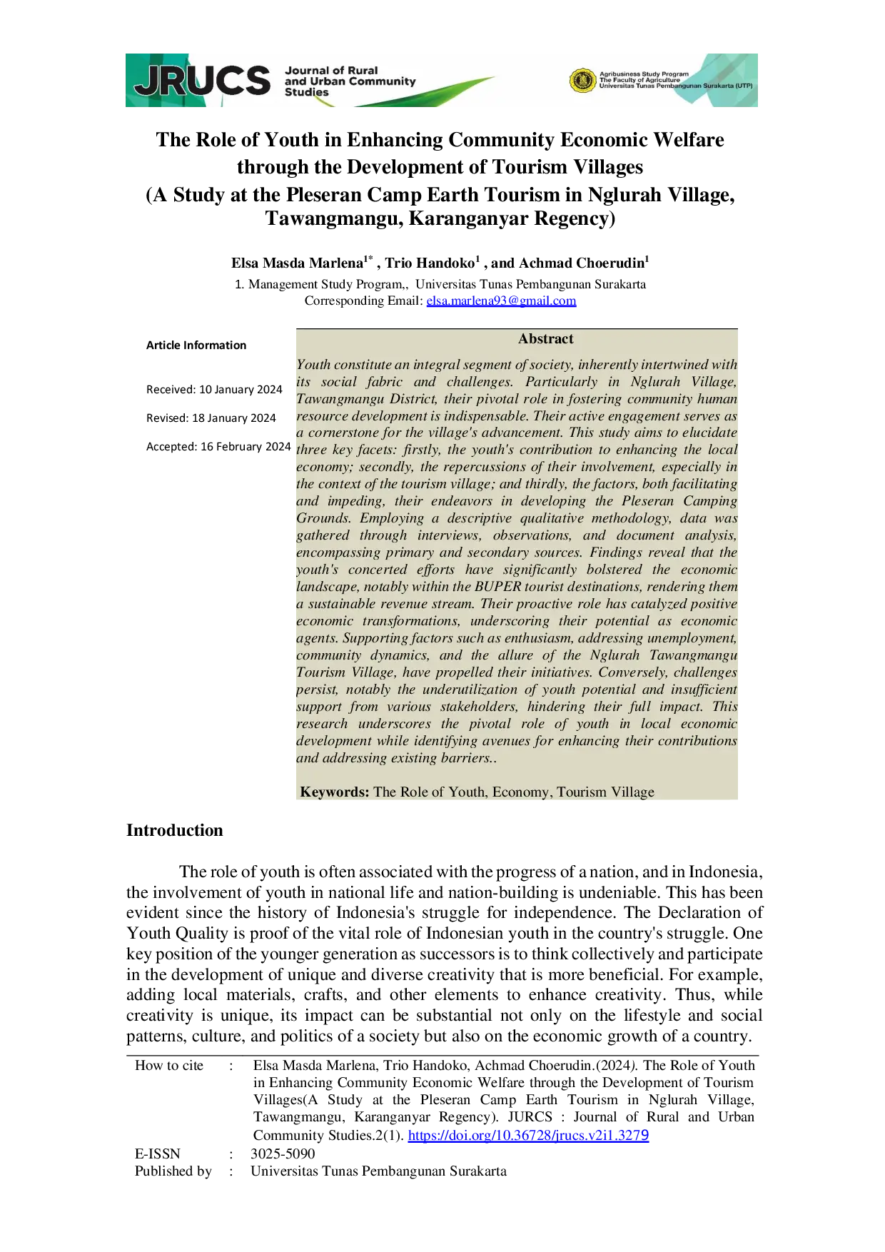 JURIS The Role of Youth in Enhancing Community Economic Welfare through the Development of Tourism Villages A Study at the Pleseran Camp Earth Tourism in Nglurah Village Tawangmangu Karanganyar Regency
