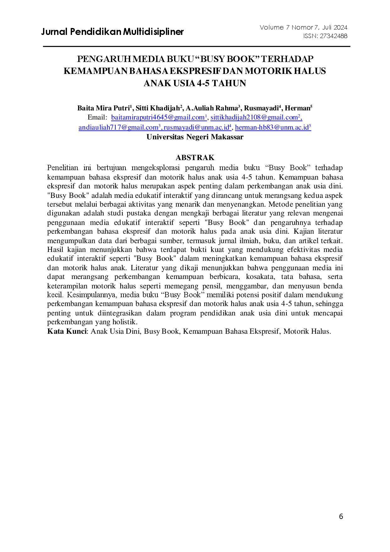 juris Pengaruh Media Buku Busy Book Terhadap Kemampuan Bahasa Ekspresif Dan Motorik Halus Anak Usia 4 5 Tahun