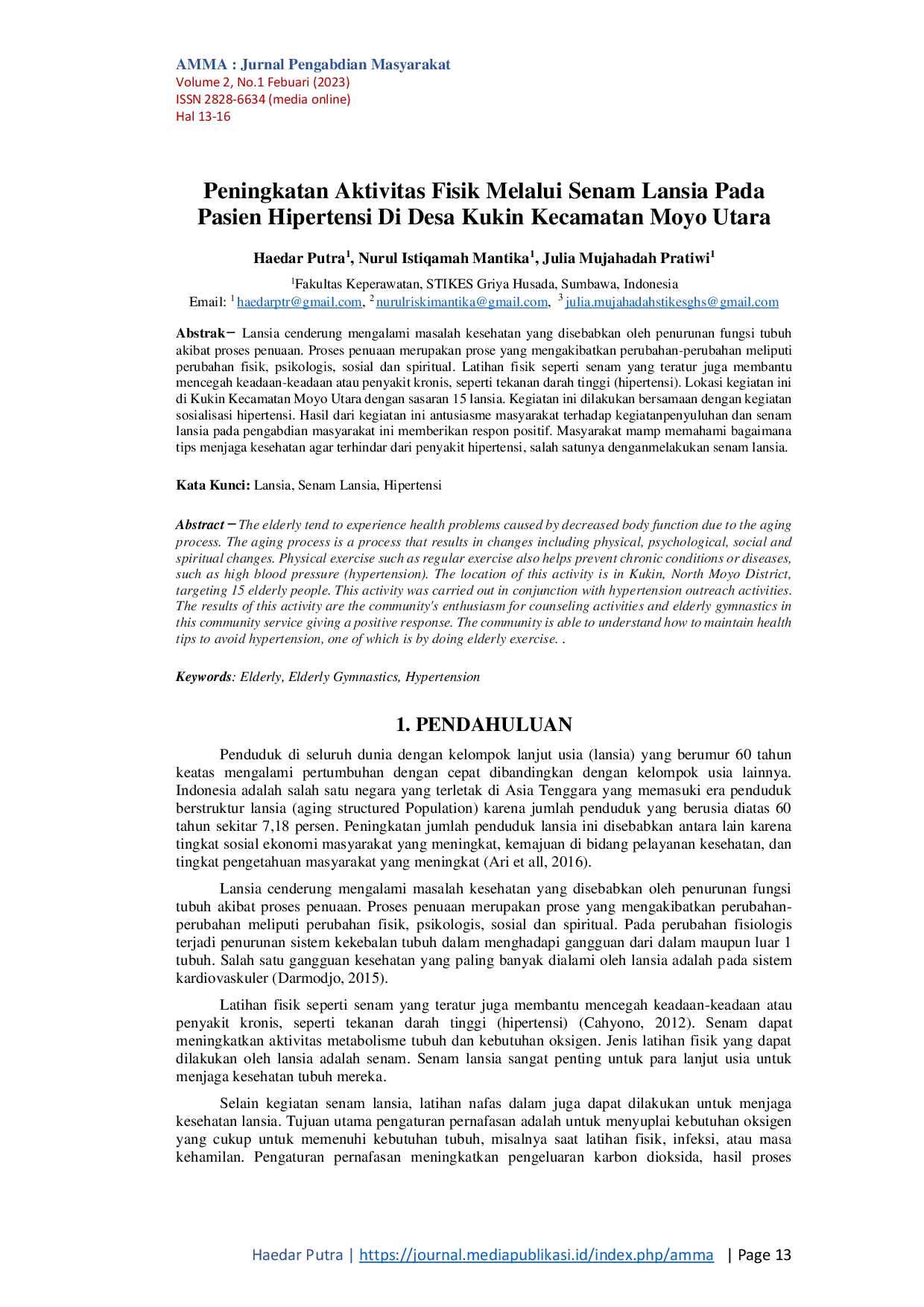 JURIS Peningkatan Aktivitas Fisik Melalui Senam Lansia Pada Pasien Hipertensi Di Desa Kukin Kecamatan Moyo Utara