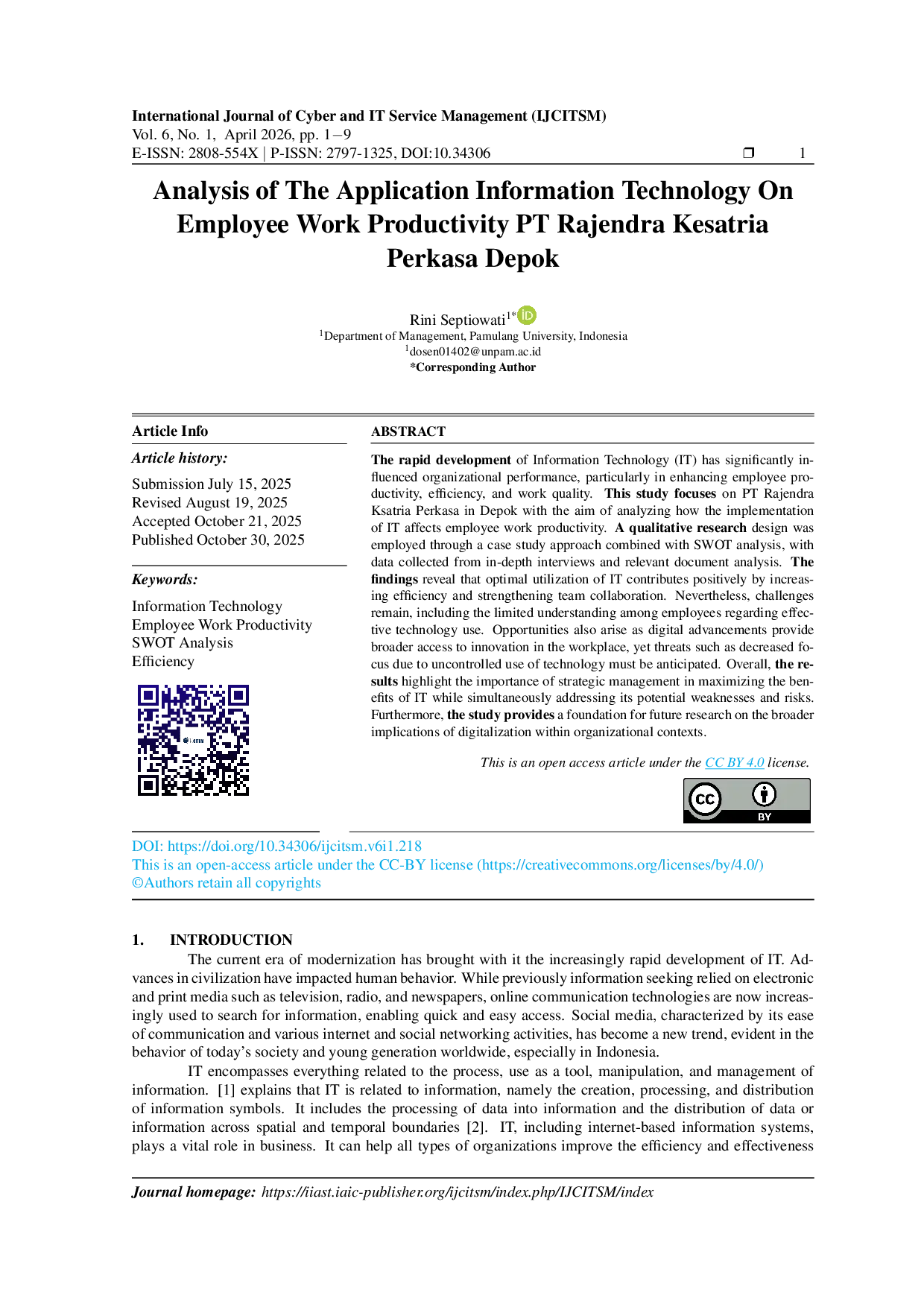 JURIS Analysis of The Application of Information Technology on Employee Work Productivity PT Rajendra Kesatria Perkasa Depok