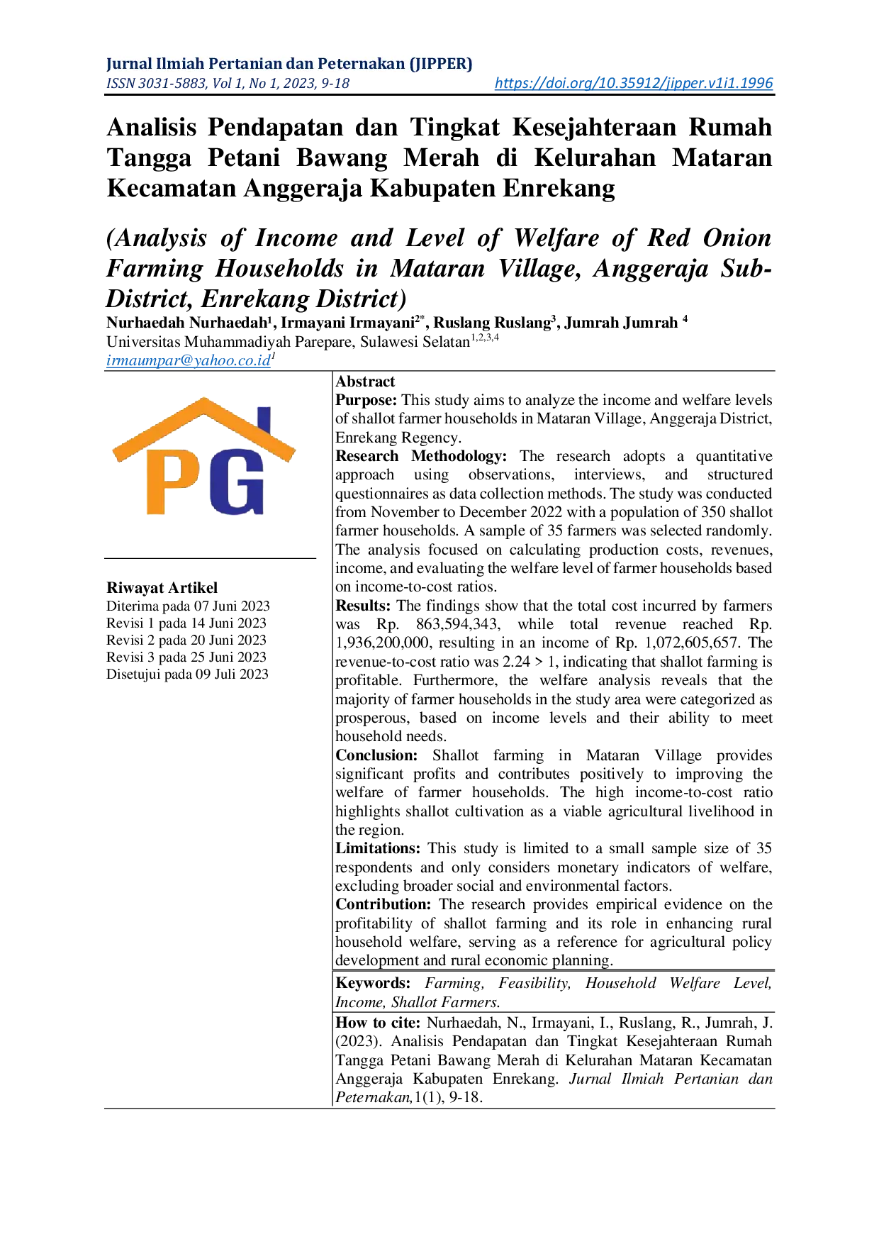 JURIS Analisis Pendapatan dan Tingkat Kesejahteraan Rumah Tangga Petani Bawang Merah di Kelurahan Mataran Kecamatan Anggeraja Kabupaten Enrekang