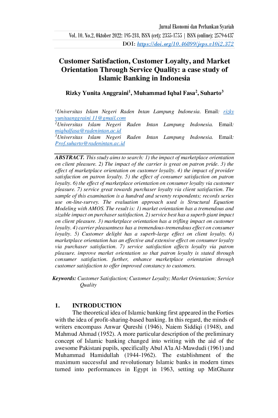 JURIS Customer Satisfaction Customer Loyalty and Market Orientation Through Service Quality a case study of Islamic Banking in Indonesia