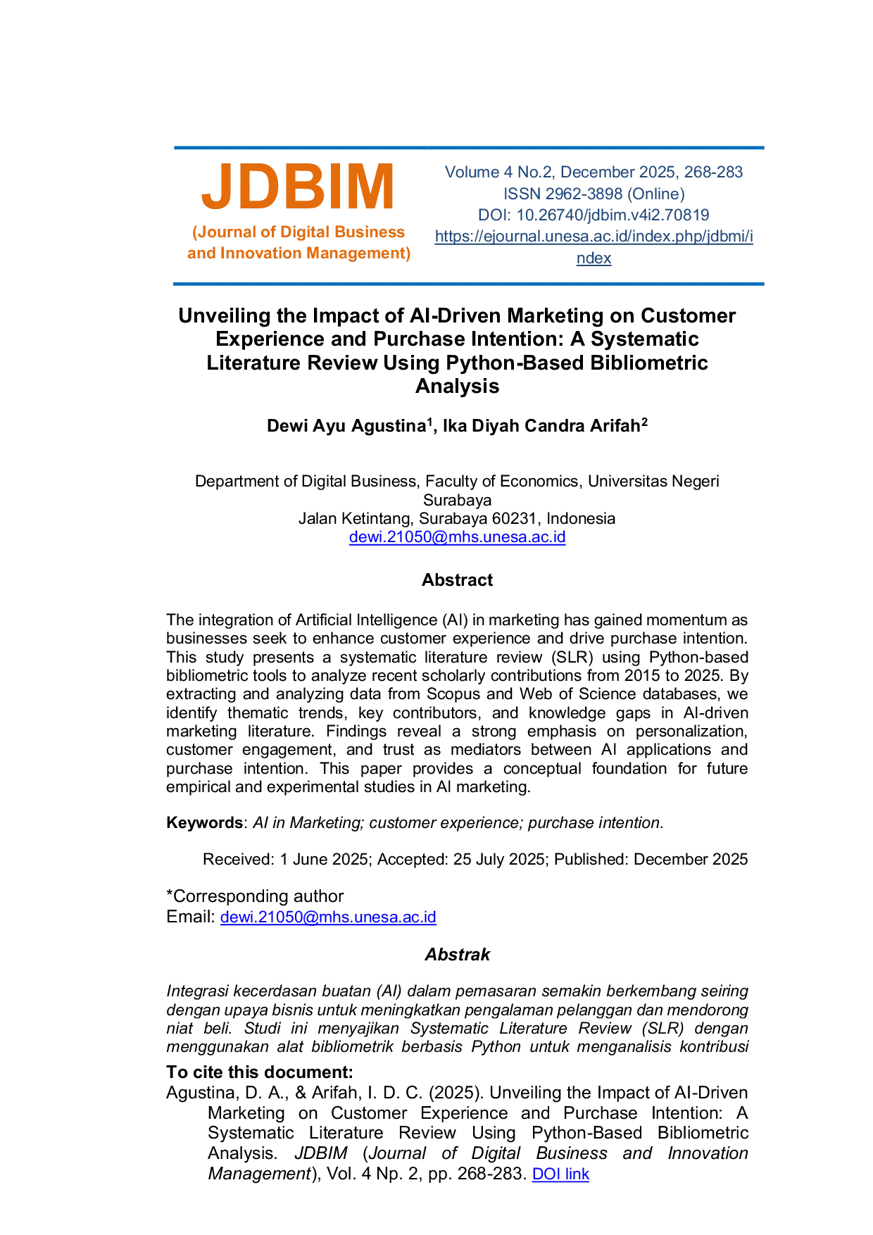 JURIS Unveiling the Impact of AI Driven Marketing on Customer Experience and Purchase Intention A Systematic Literature Review Using Python Based Bibliometric Analysis