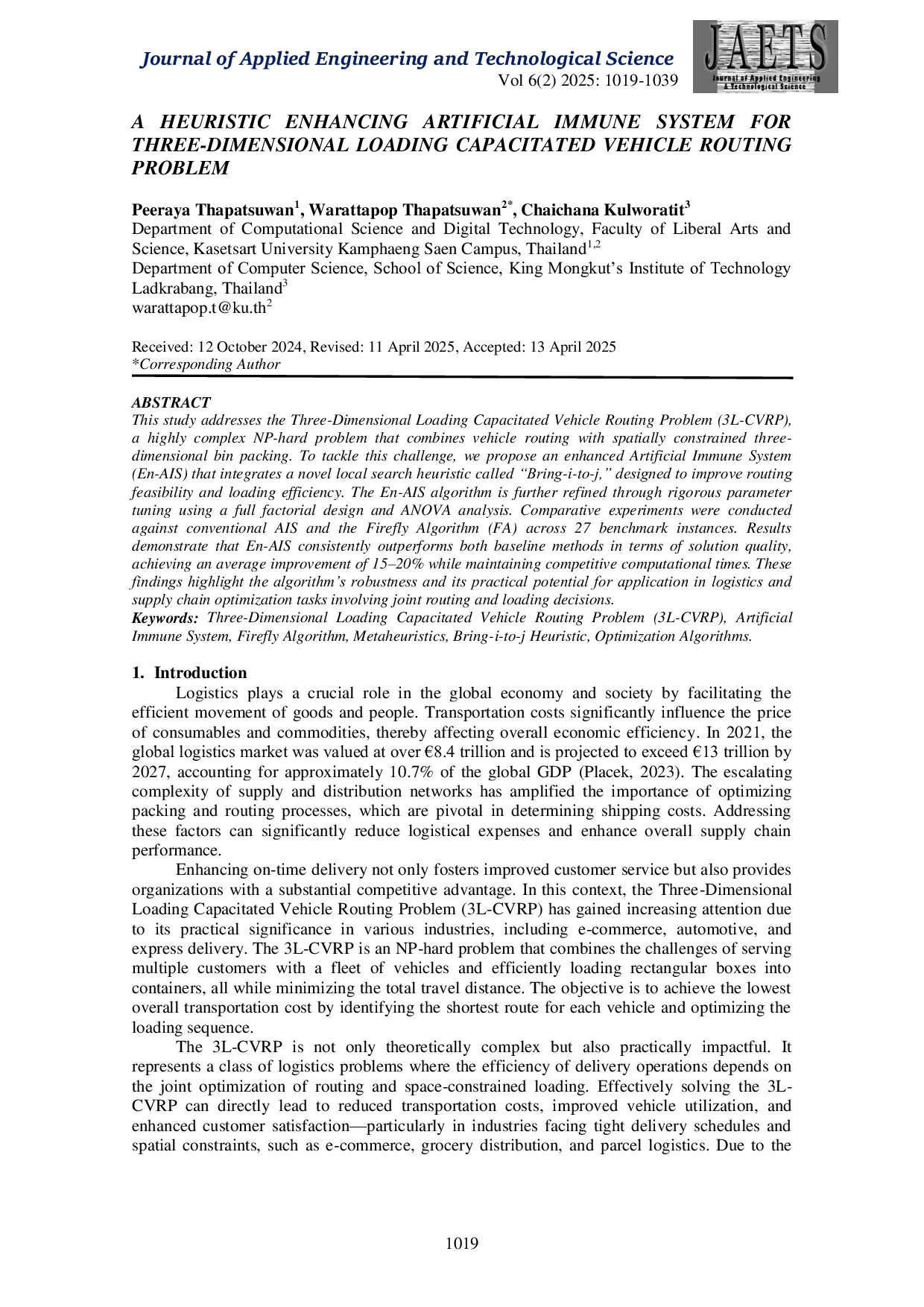 JURIS A Heuristic Enhancing Artificial Immune System for Three dimensional Loading Capacitated Vehicle Routing Problem