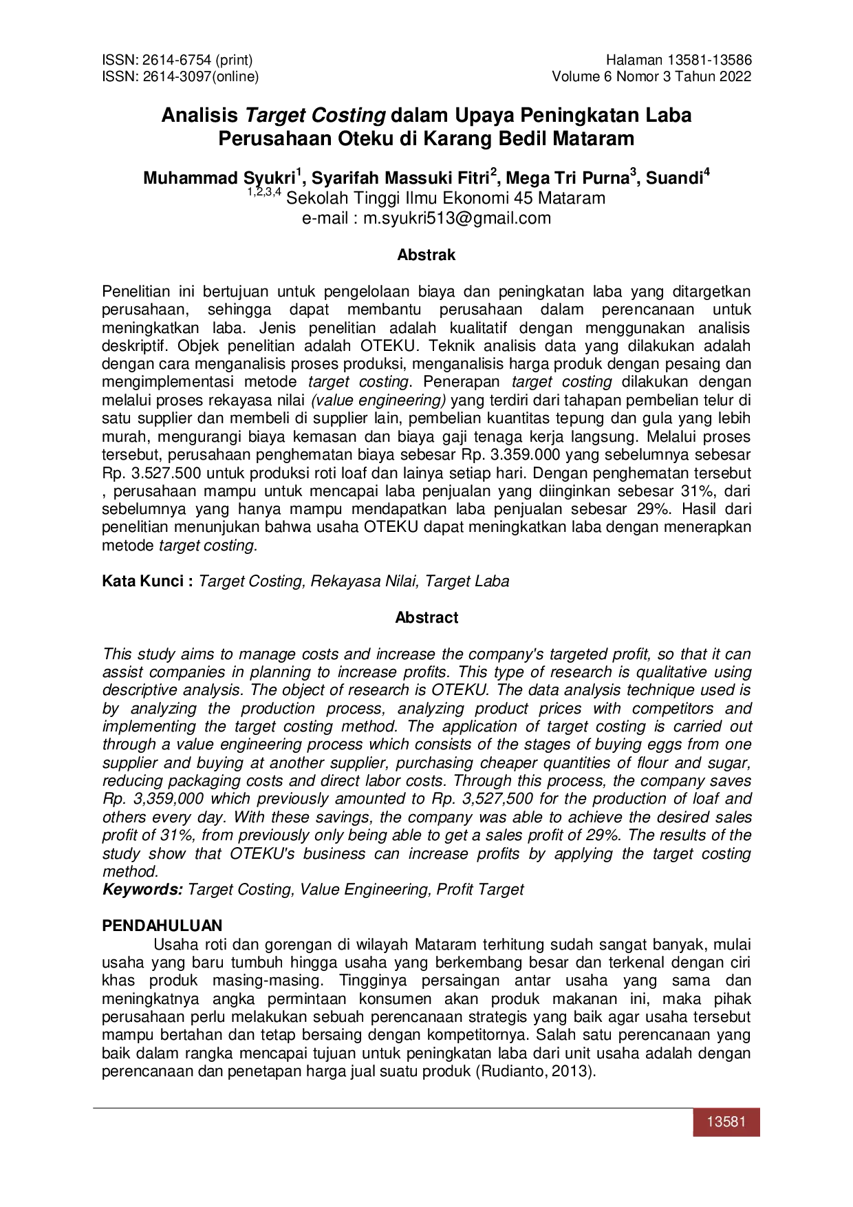 JURIS Analisis Target Costing dalam Upaya Peningkatan Laba Perusahaan Oteku di Karang Bedil Mataram