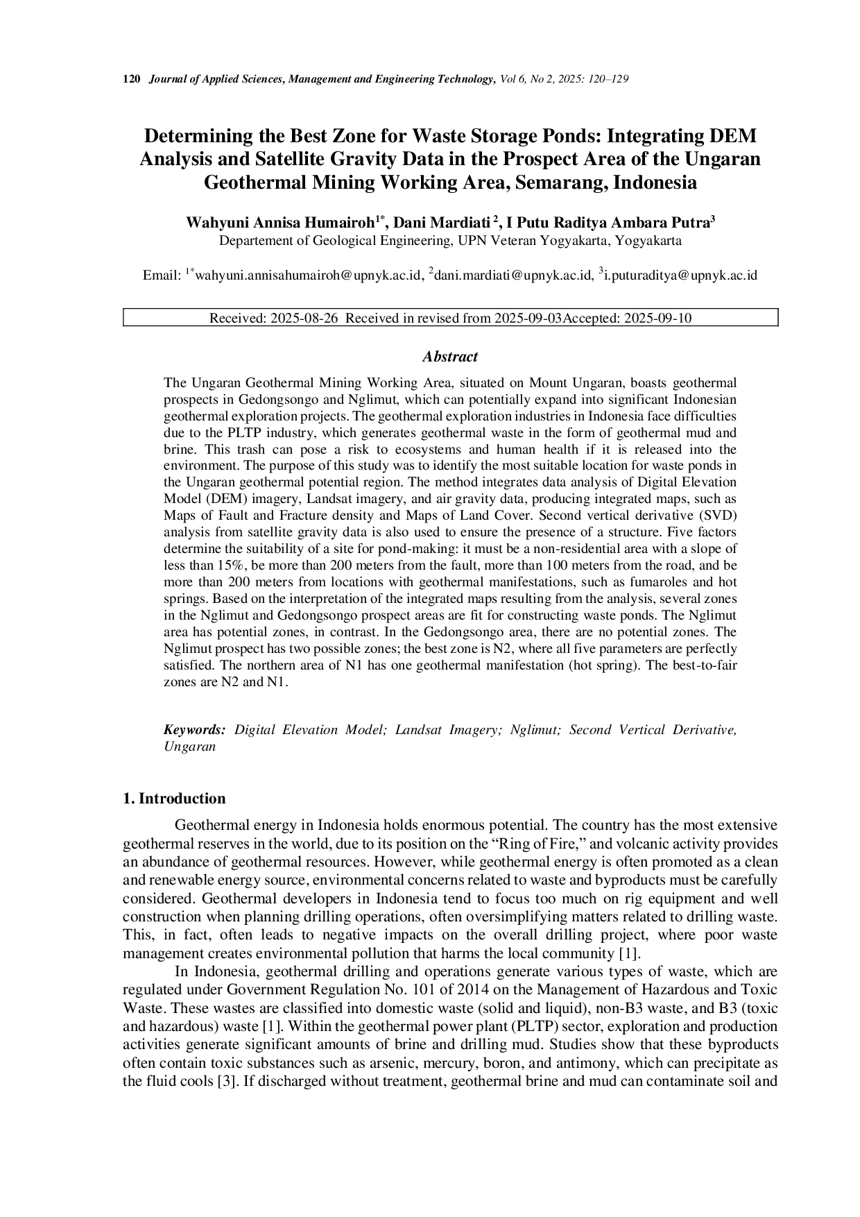 JURIS Determining the Best Zone for Waste Storage Ponds Integrating DEM analysis and Satellite Gravity data in the Prospect Area of Ungaran Geothermal Mining Working Area Semarang Indonesia