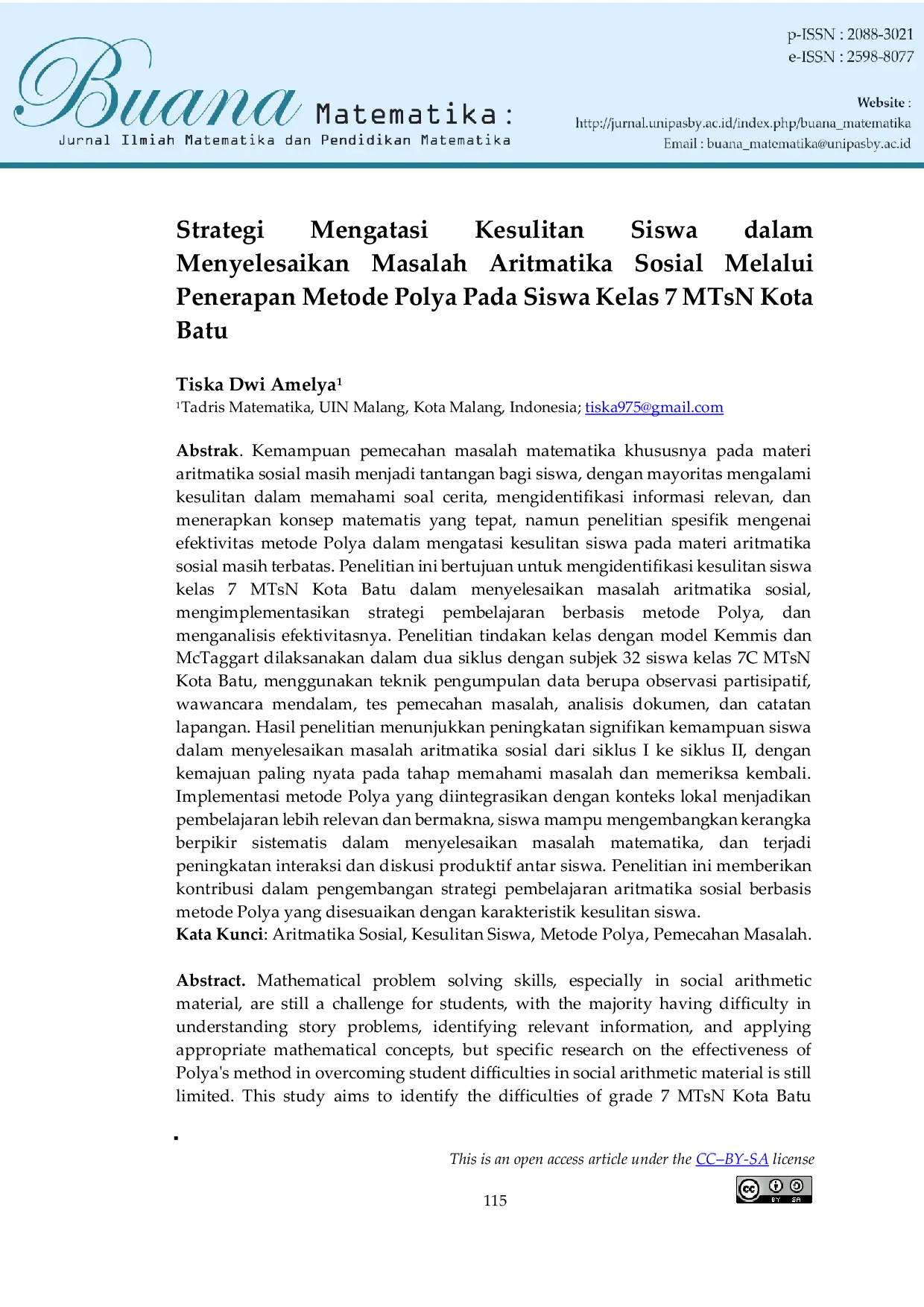JURIS Strategi Mengatasi Kesulitan dalam Menyelesaikan Masalah Aritmatika Sosial Melalui Penerapan Metode Polya Pada Siswa Kelas 7 MTsN Kota Batu
