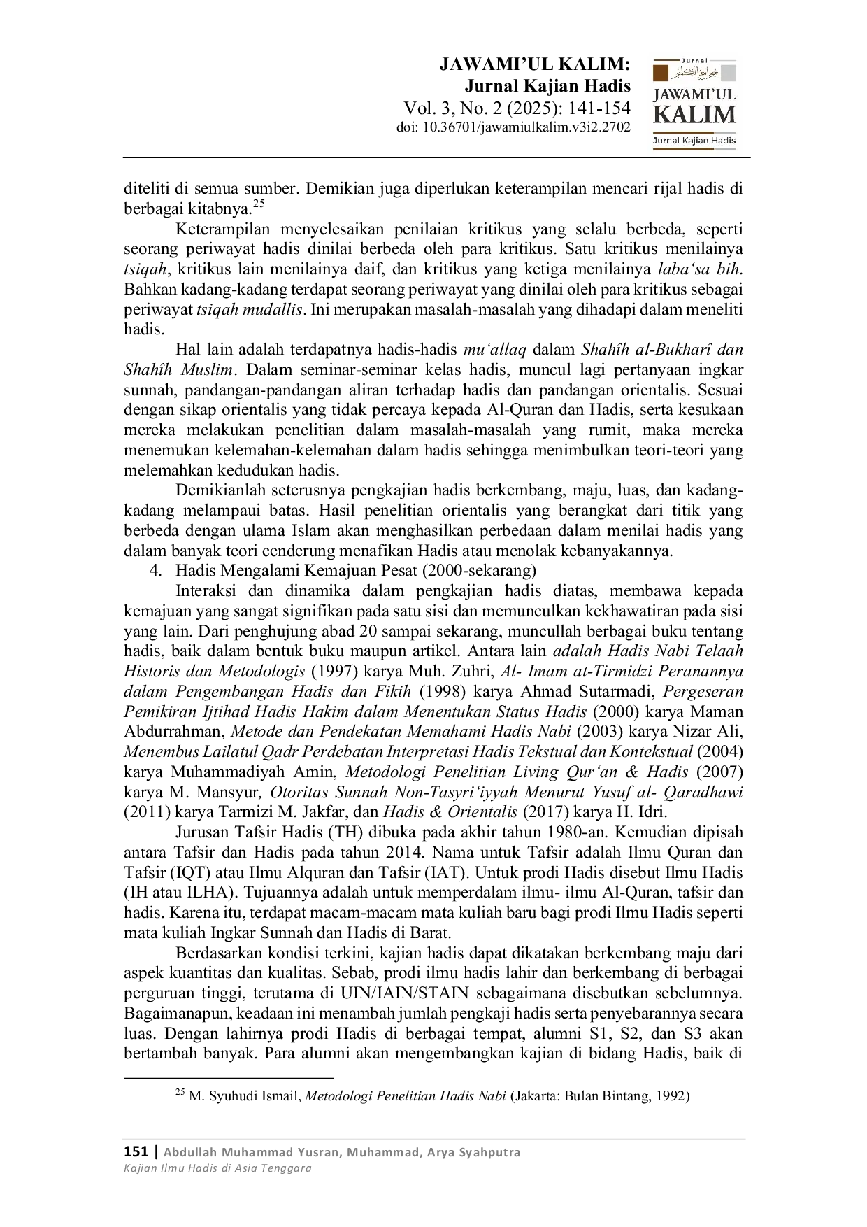 JURIS Kajian Ilmu Hadis di Asia Tenggara The Study of Hadith Scholarship in Southeast Asia