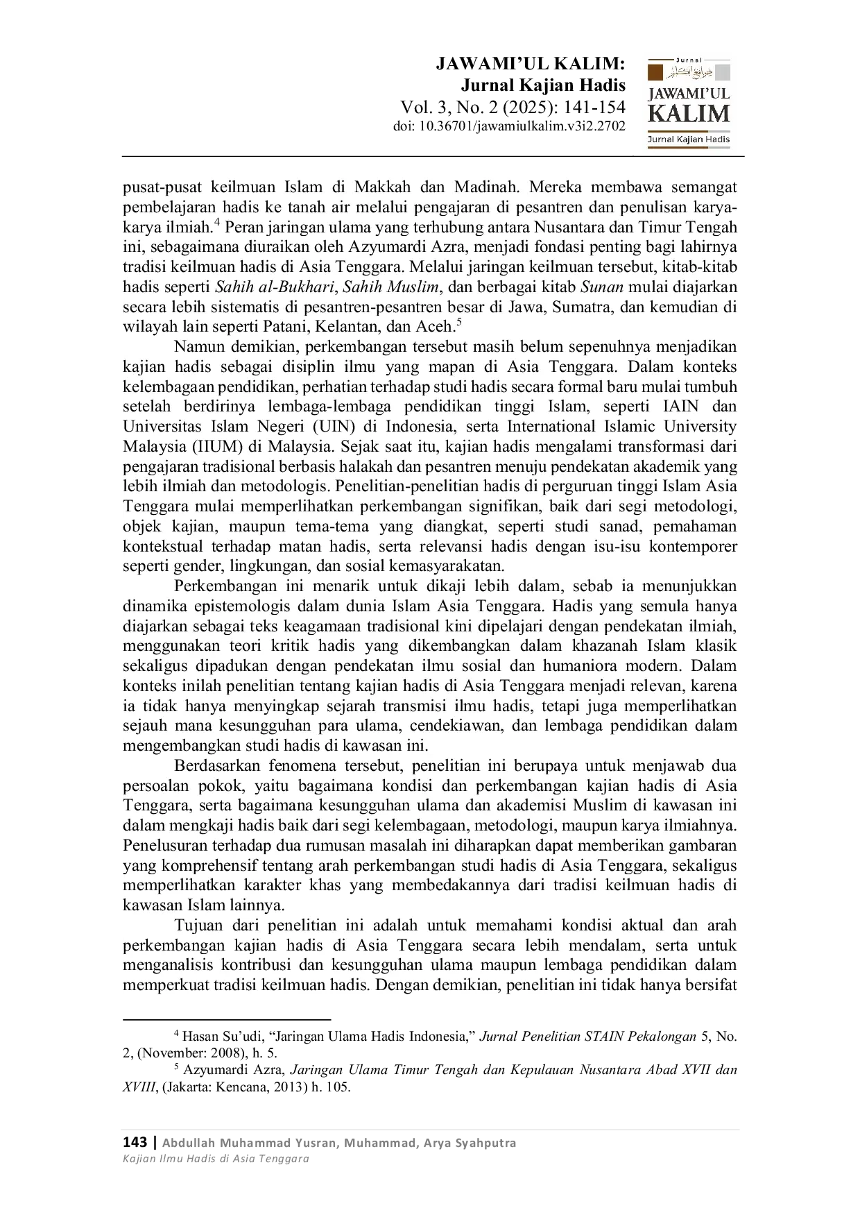 JURIS Kajian Ilmu Hadis di Asia Tenggara The Study of Hadith Scholarship in Southeast Asia