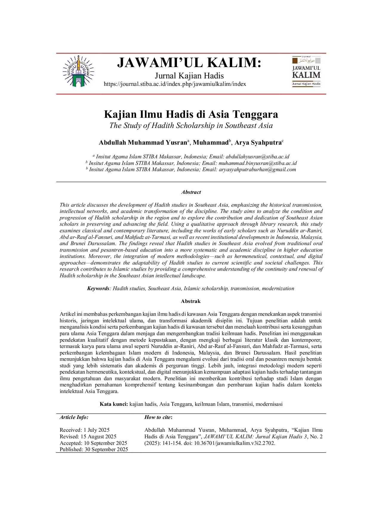 JURIS Kajian Ilmu Hadis di Asia Tenggara The Study of Hadith Scholarship in Southeast Asia