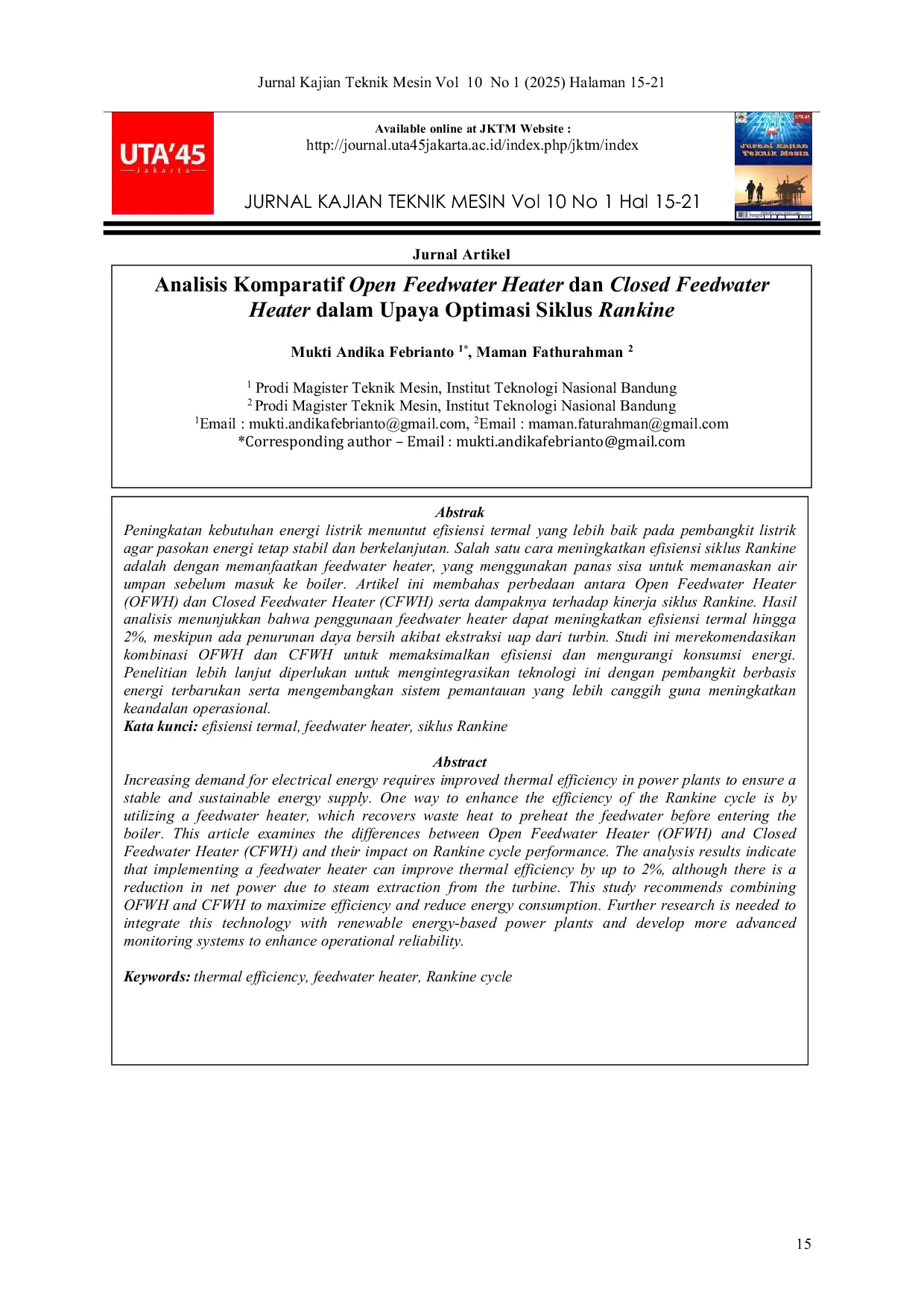 JURIS Analisis Komparatif Open Feedwater Heater dan Closed Feedwater Heater dalam Upaya Optimasi Siklus Rankine
