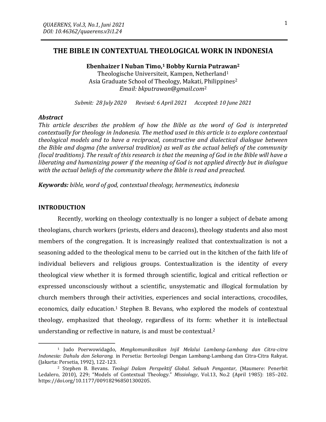 JURIS The Bible in Contextual Theological Work in Indonesia