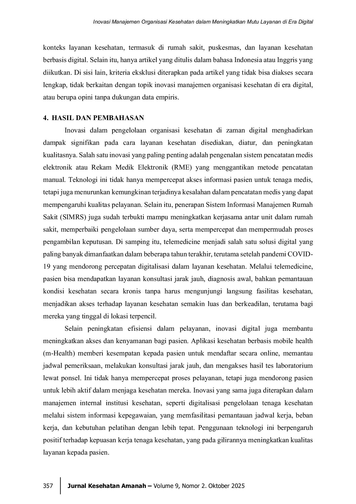 JURIS Inovasi Manajemen Organisasi Kesehatan Dalam Meningkatkan Mutu Layanan Di Era Digital