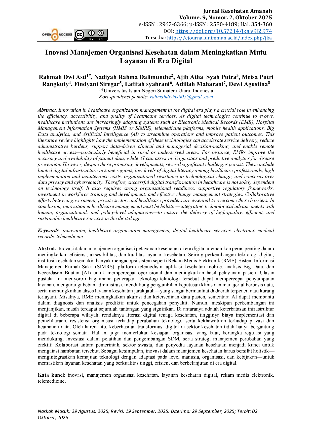 JURIS Inovasi Manajemen Organisasi Kesehatan Dalam Meningkatkan Mutu Layanan Di Era Digital