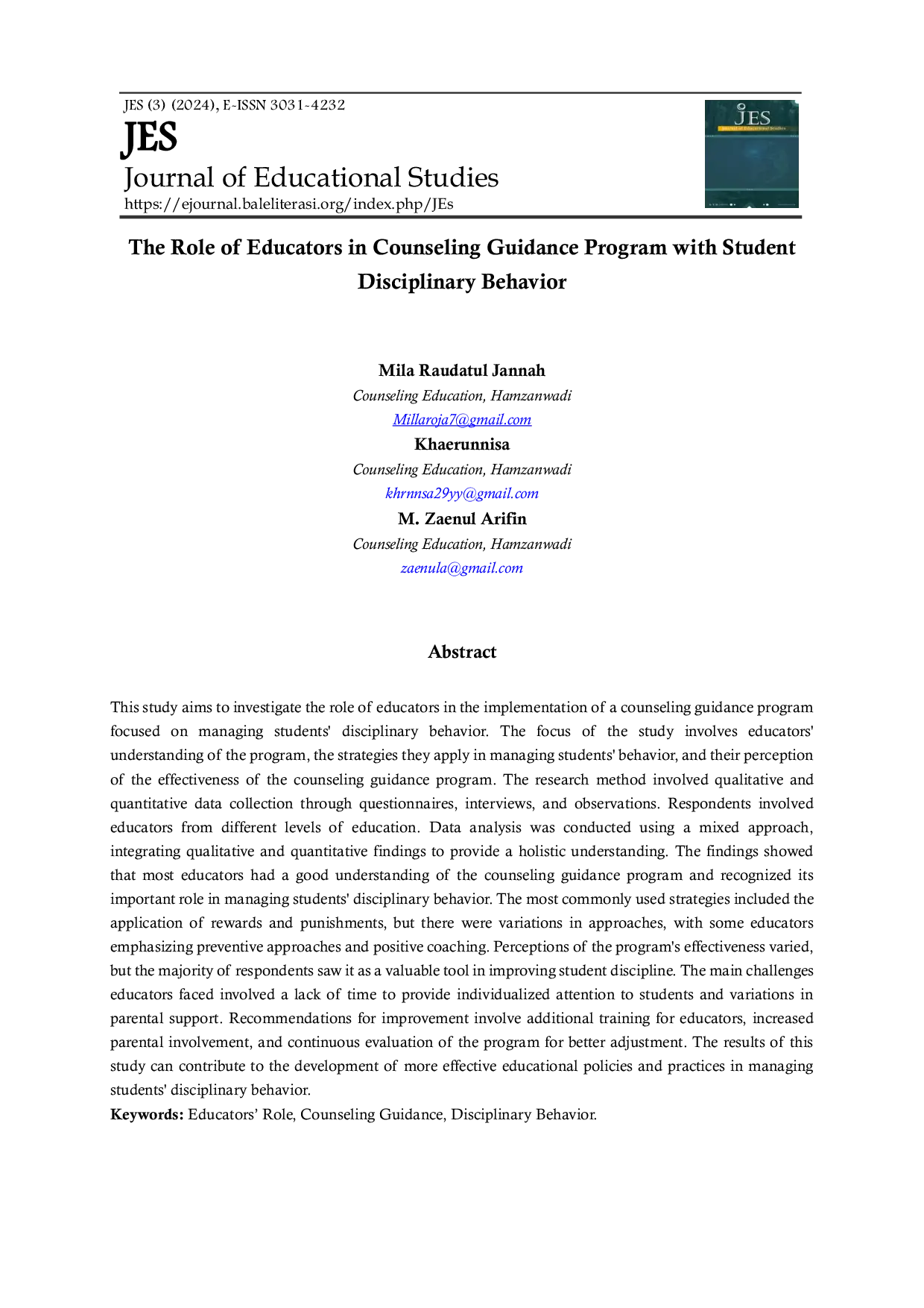 JURIS The Role of Educators in Counceling Guidance Program with Student Disciplinary Behavior