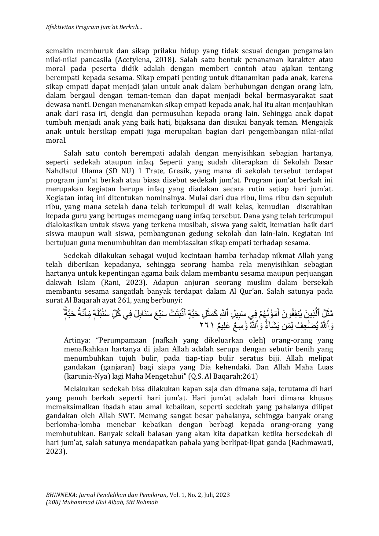 JURIS Efektivitas Program Jum at Berkah dalam Penumbuhan Sikap Empati Peserta Didik di Sekolah Dasar Nahdlatul Ulama 1 Trate Gresik