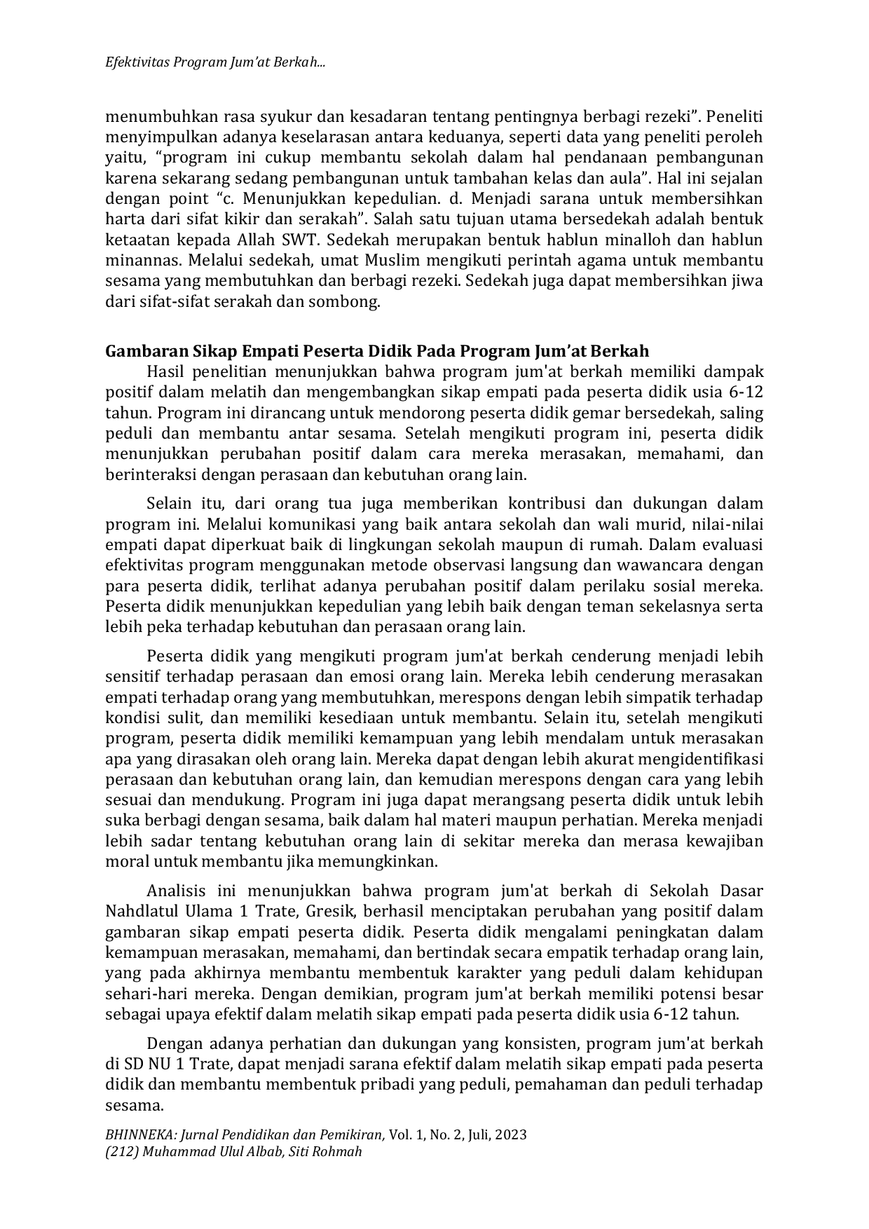 JURIS Efektivitas Program Jum at Berkah dalam Penumbuhan Sikap Empati Peserta Didik di Sekolah Dasar Nahdlatul Ulama 1 Trate Gresik