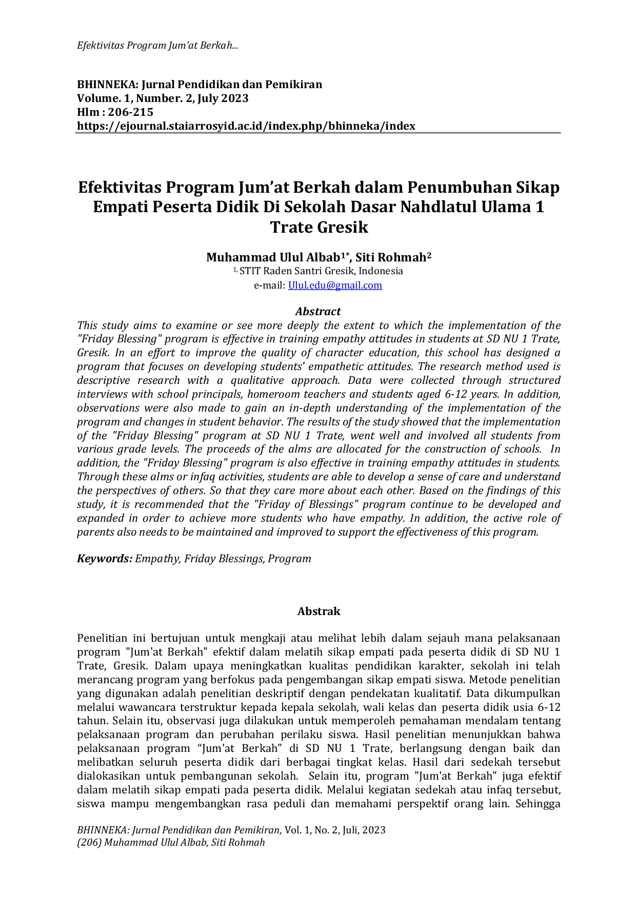 JURIS Efektivitas Program Jum at Berkah dalam Penumbuhan Sikap Empati Peserta Didik di Sekolah Dasar Nahdlatul Ulama 1 Trate Gresik