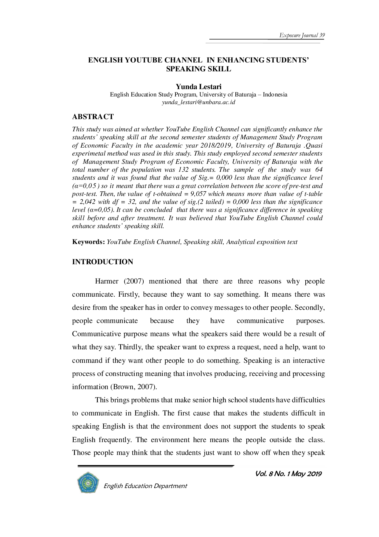 JURIS Exposure Journal 39 English Youtube Channel In Enhancing Students Speaking Skill