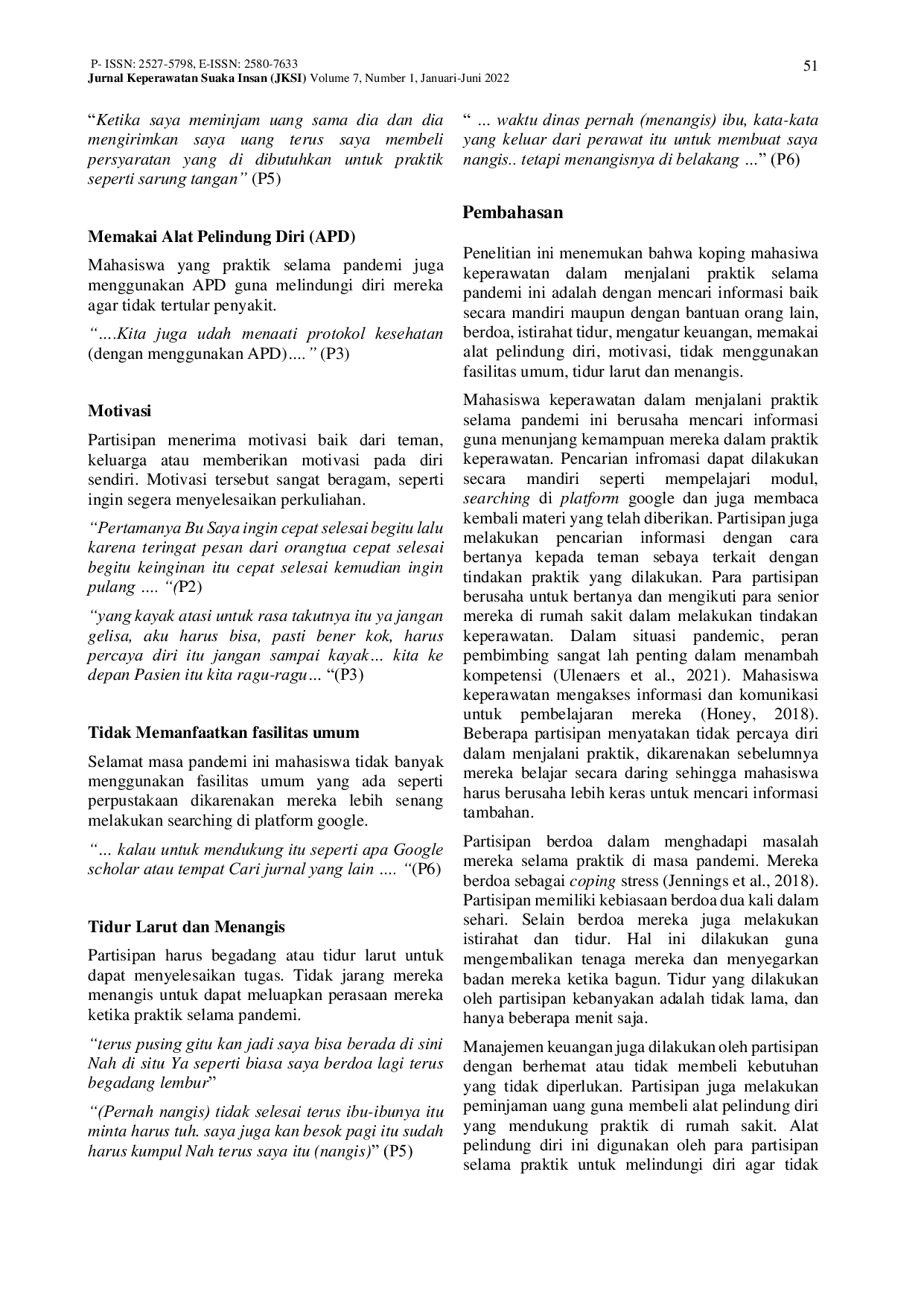 JURIS Koping Mahasiswa Keperawatan Dalam Mengikuti Praktik Di Masa Pandemi Covid 19