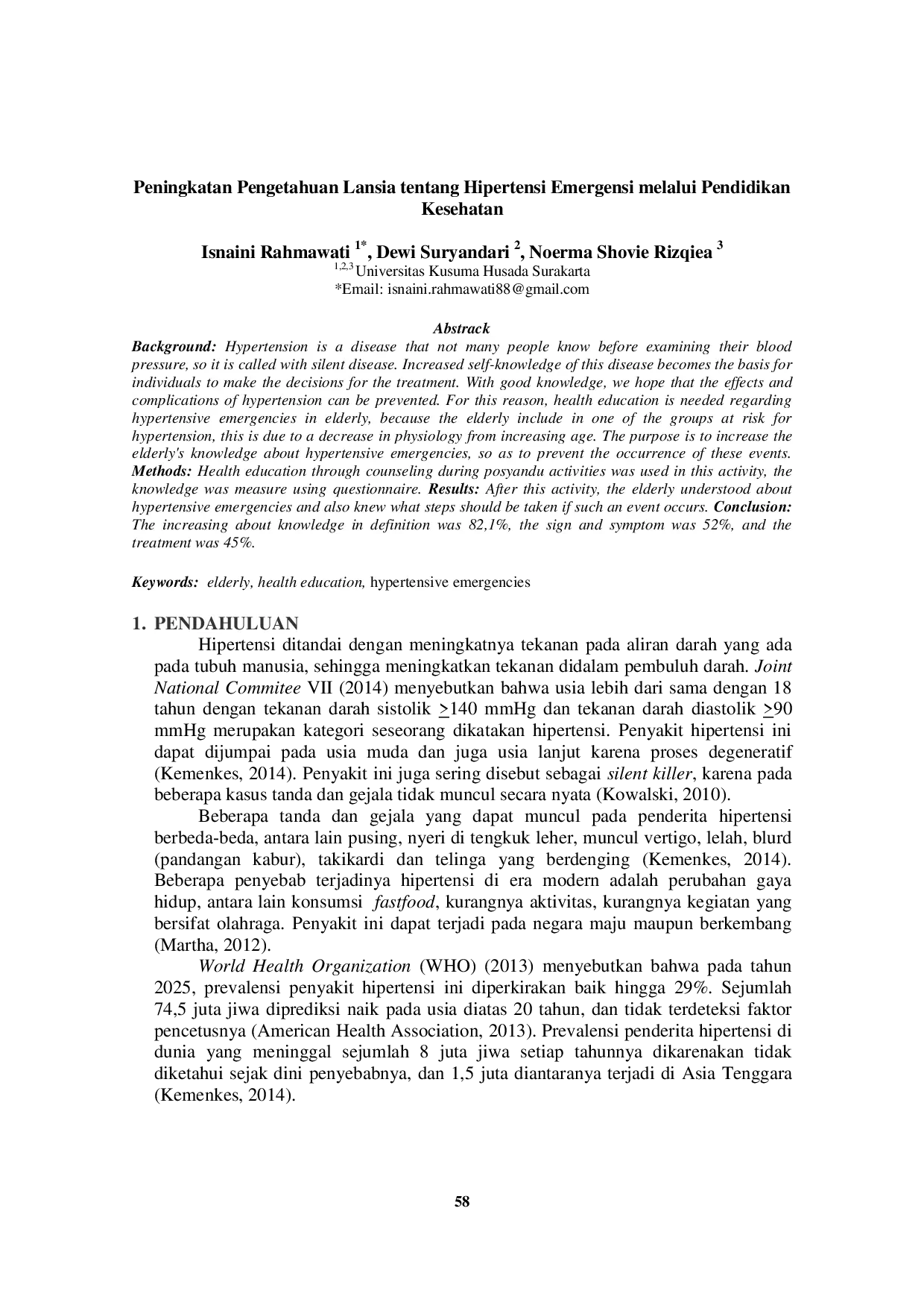 JURIS Peningkatan Pengetahuan Lansia tentang Hipertensi Emergensi melalui Pendidikan Kesehatan