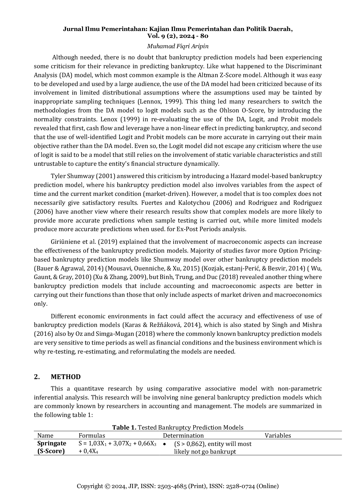JURIS Between Domestic and Commonly Known Bankruptcy Prediction Models How Differ It Can Be