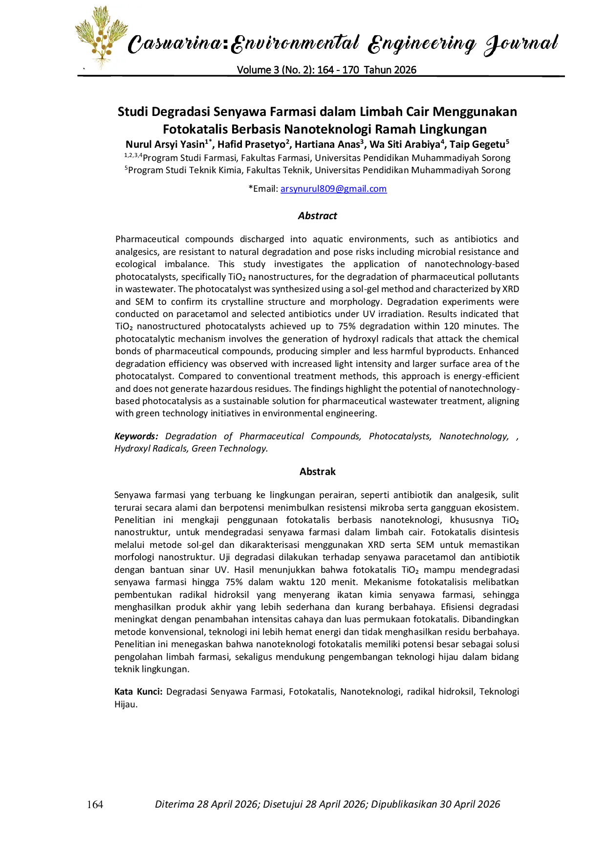 JURIS Study of Pharmaceutical Compound Degradation in Liquid Waste Using Environmentally Friendly Nanotechnology Based Photocatalysts