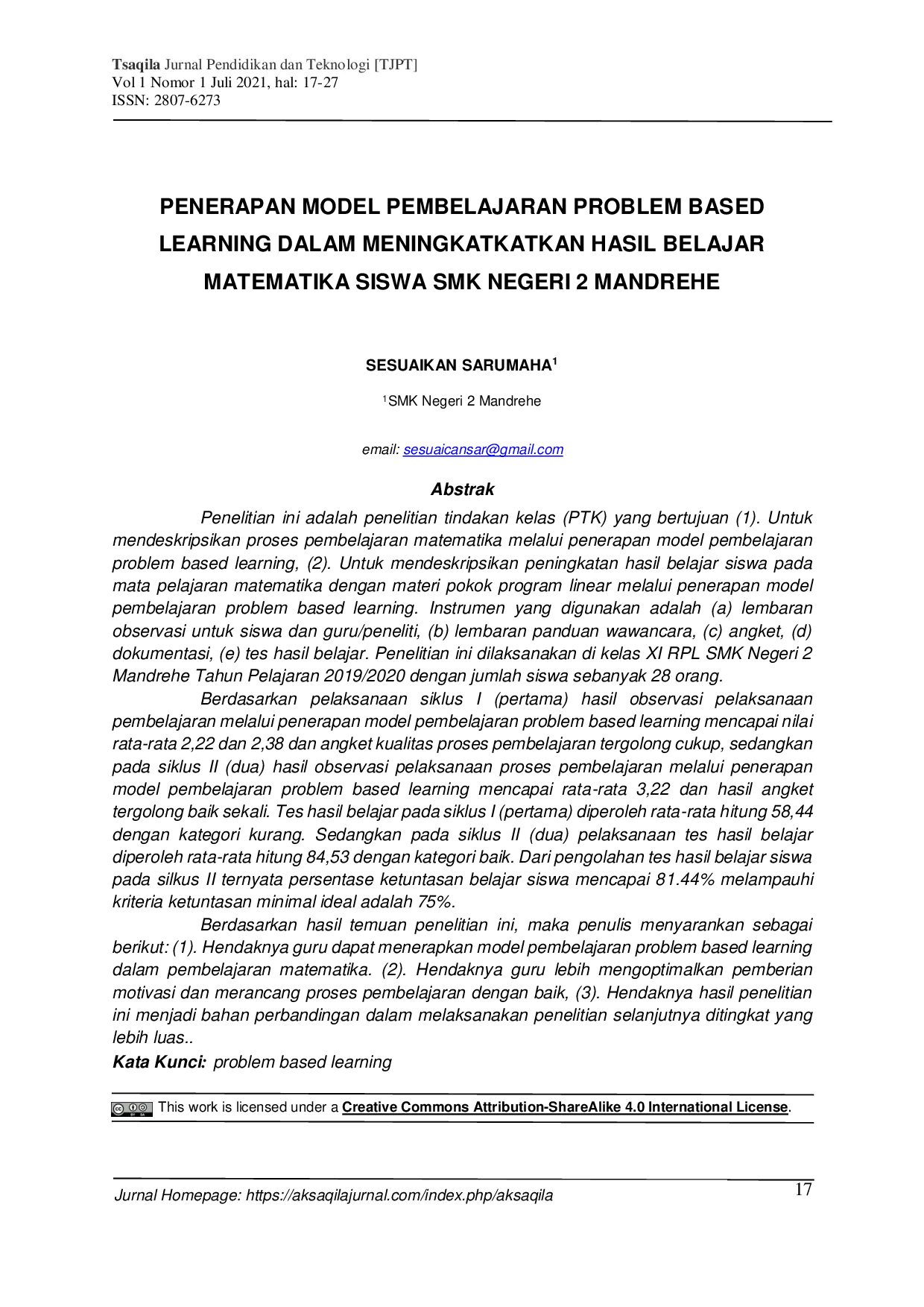 JURIS Penerapan Model Pembelajaran Problem Based Learning Dalam Meningkatkatkan Hasil Belajar Matematika Siswa Smk Negeri 2 Mandrehe