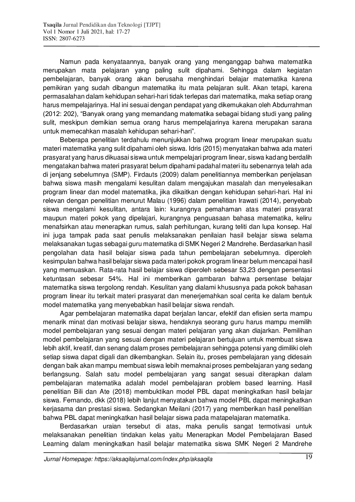 JURIS Penerapan Model Pembelajaran Problem Based Learning Dalam Meningkatkatkan Hasil Belajar Matematika Siswa Smk Negeri 2 Mandrehe