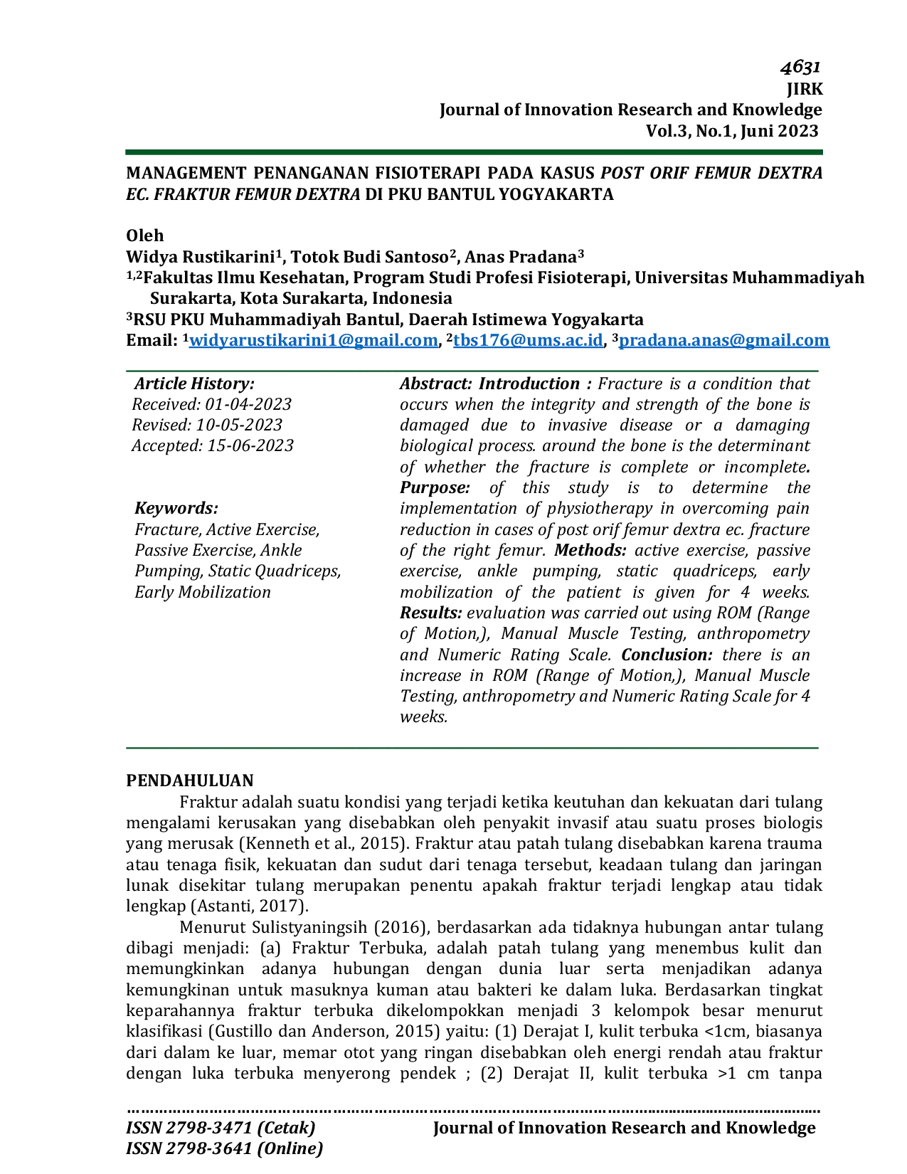 JURIS Management Penanganan Fisioterapi Pada Kasus Post Orif Femur Dextra Ec Fraktur Femur Dextra Di Pku Bantul Yogyakarta